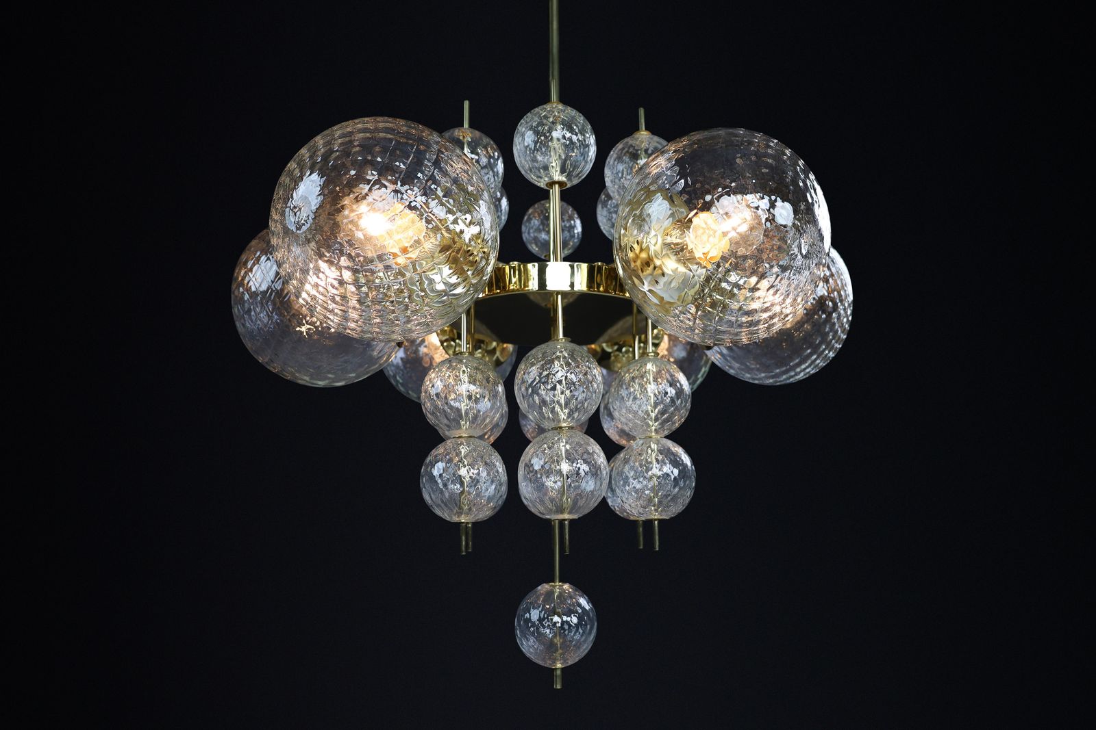 Mid Century Chandelier With Brass Fixture & Structured Glass Globes By Preciosa photo buy