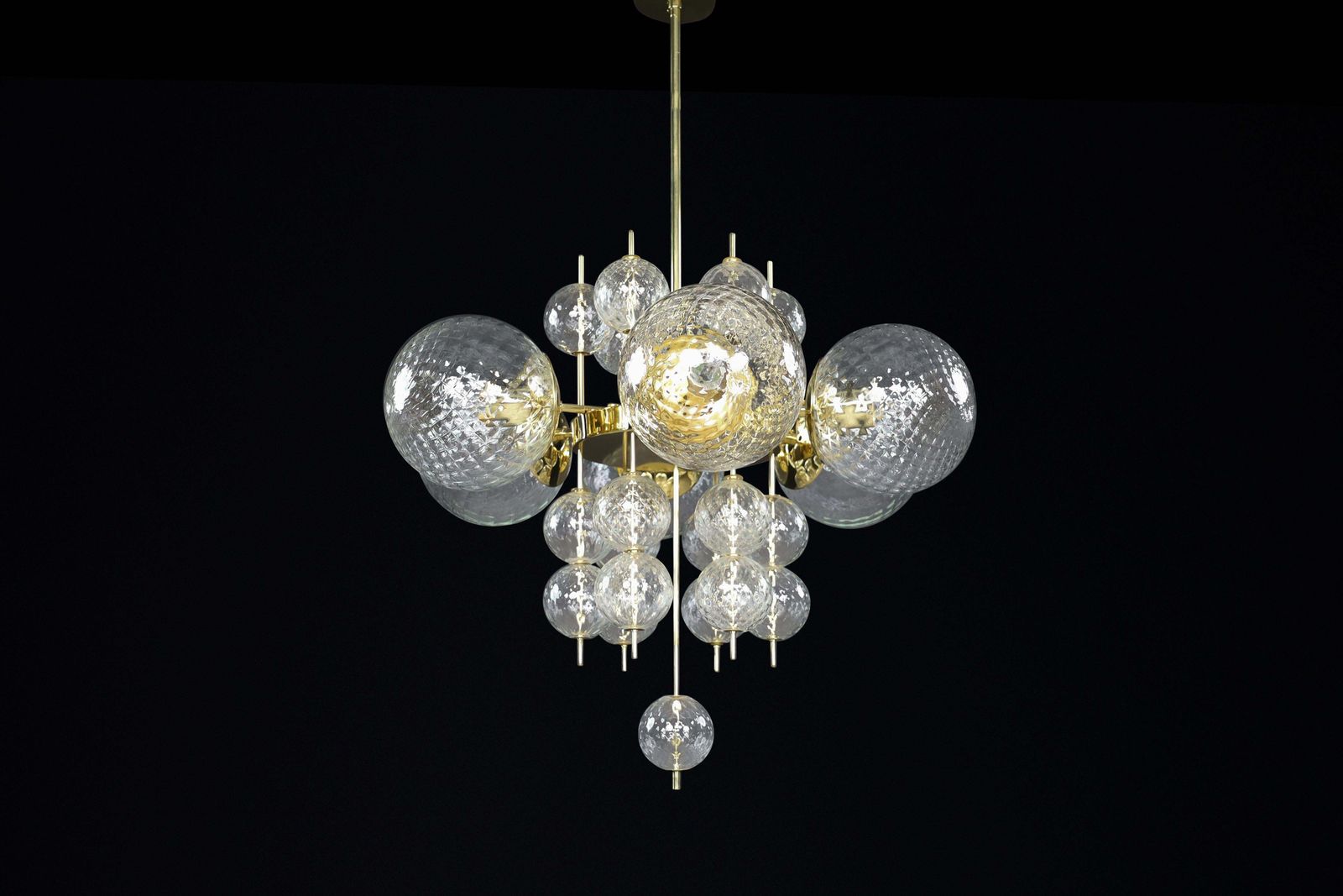 photo furniture Mid Century Chandelier With Brass Fixture & Structured Glass Globes By Preciosa