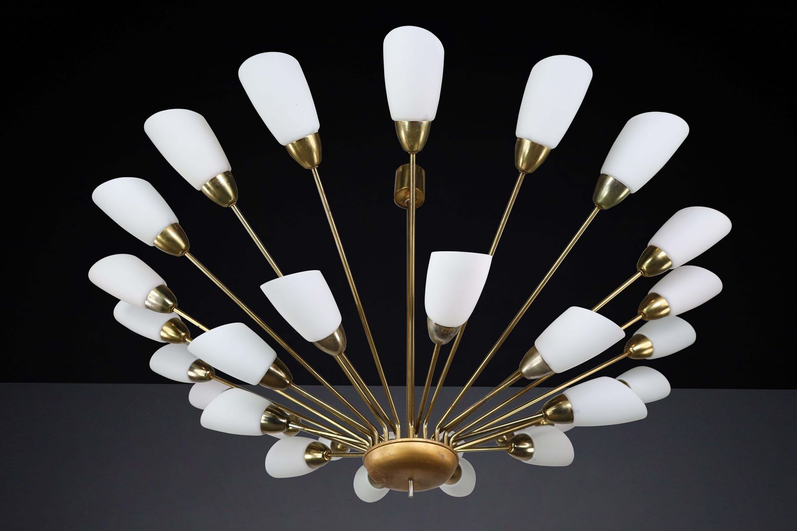Large Midcentury Spider Form Sputnik Chandelier In Brass And  30 Opaline Shades photo furniture
