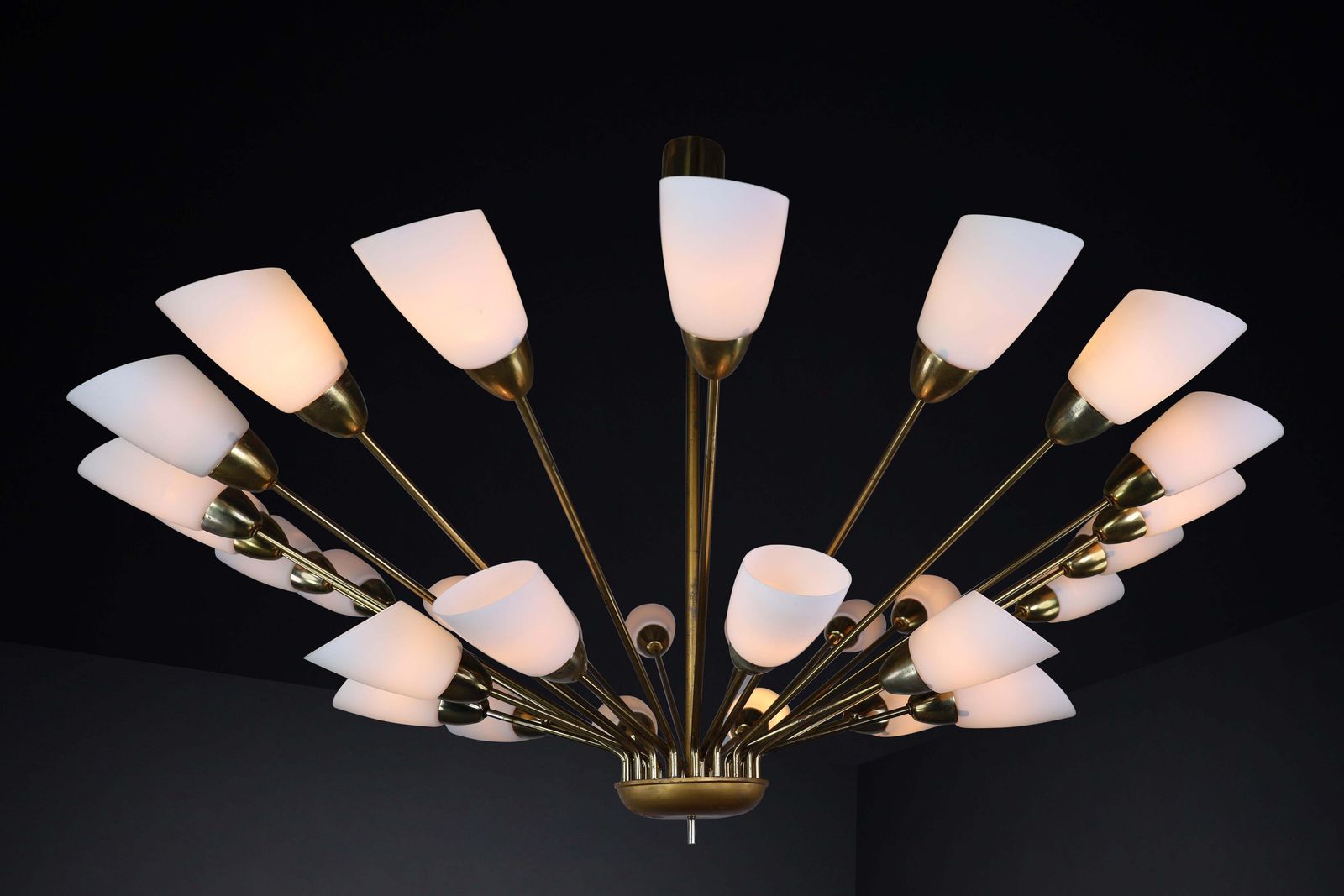 Large Midcentury Spider Form Sputnik Chandelier In Brass And  30 Opaline Shades photo for sale