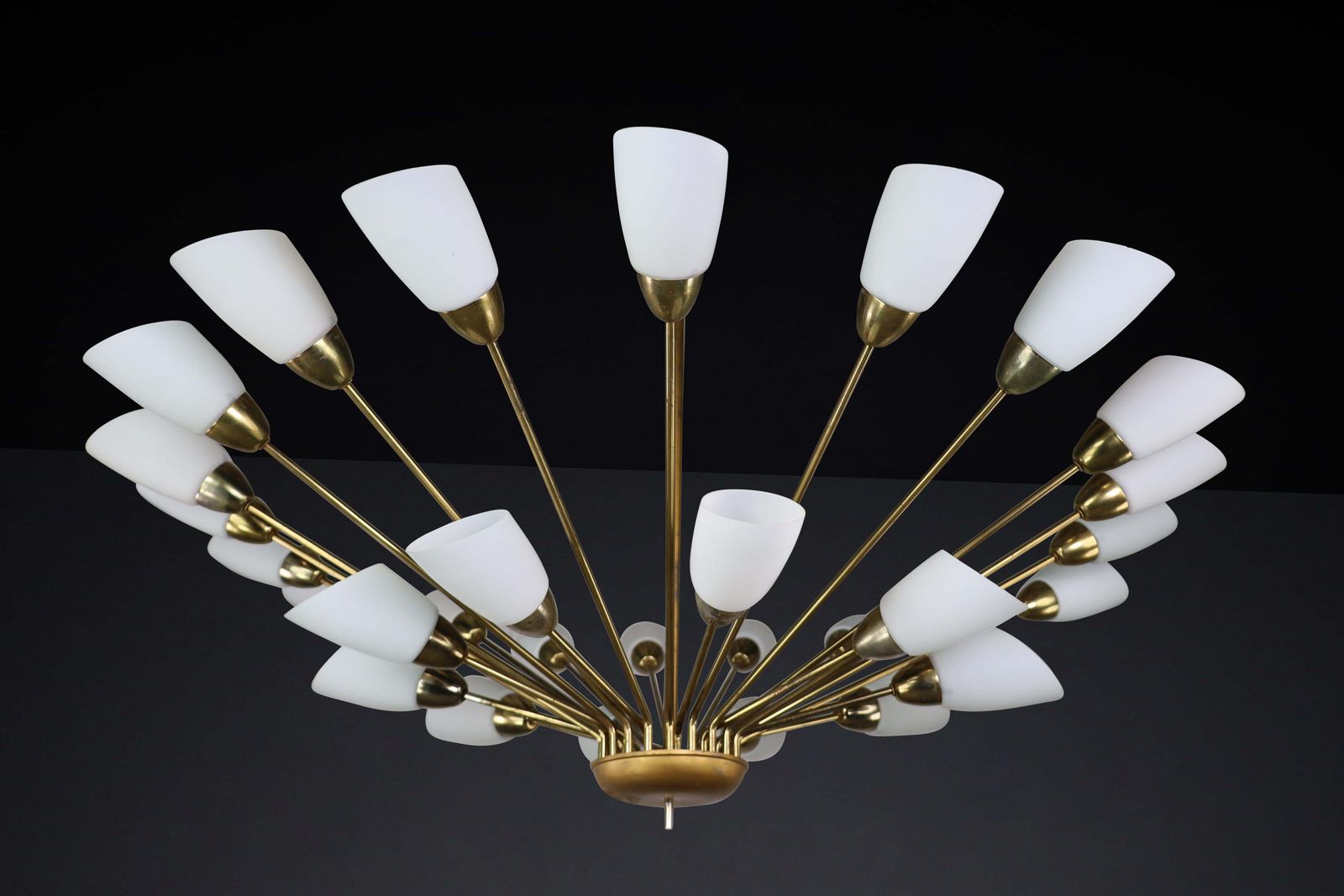 Large Midcentury Spider Form Sputnik Chandelier In Brass And  30 Opaline Shades photo vinterior