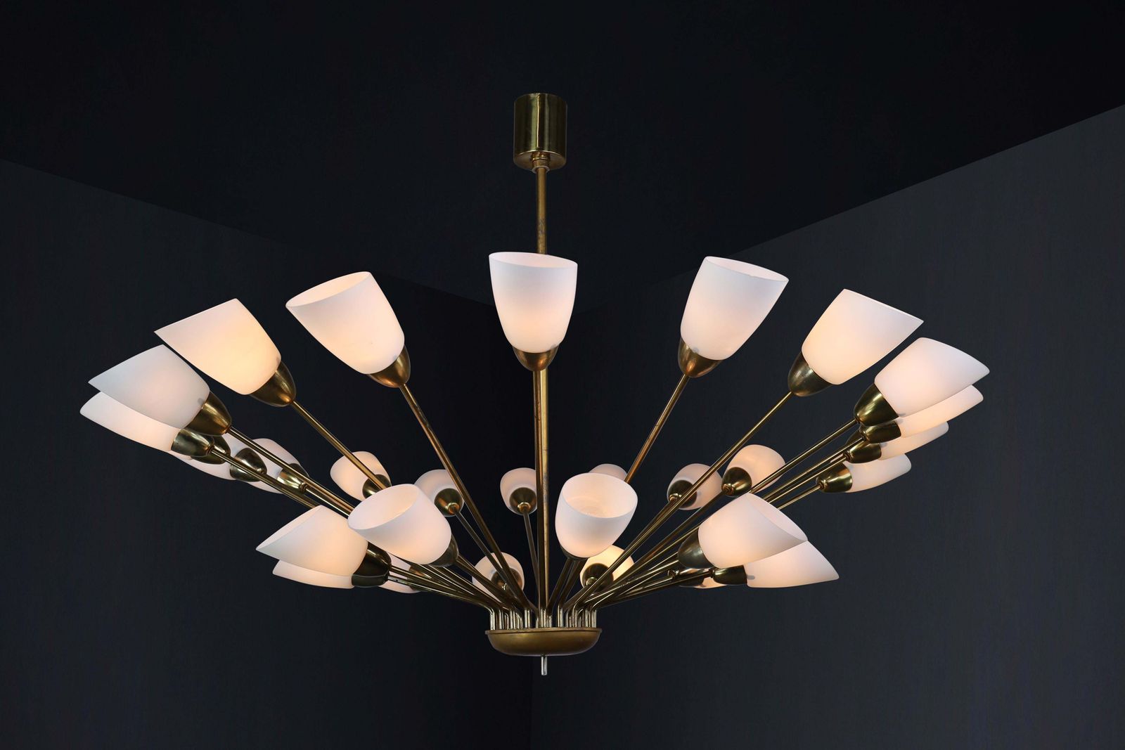 Large Midcentury Spider Form Sputnik Chandelier In Brass And  30 Opaline Shades photo buy