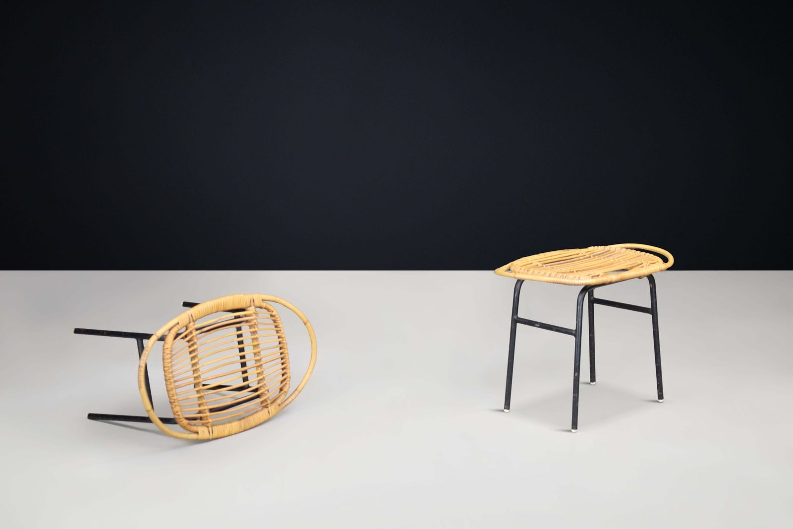 Modern Rattan And Bamboo Black Lacquered Side Table, France, 1950s — 3 Available photo vinterior