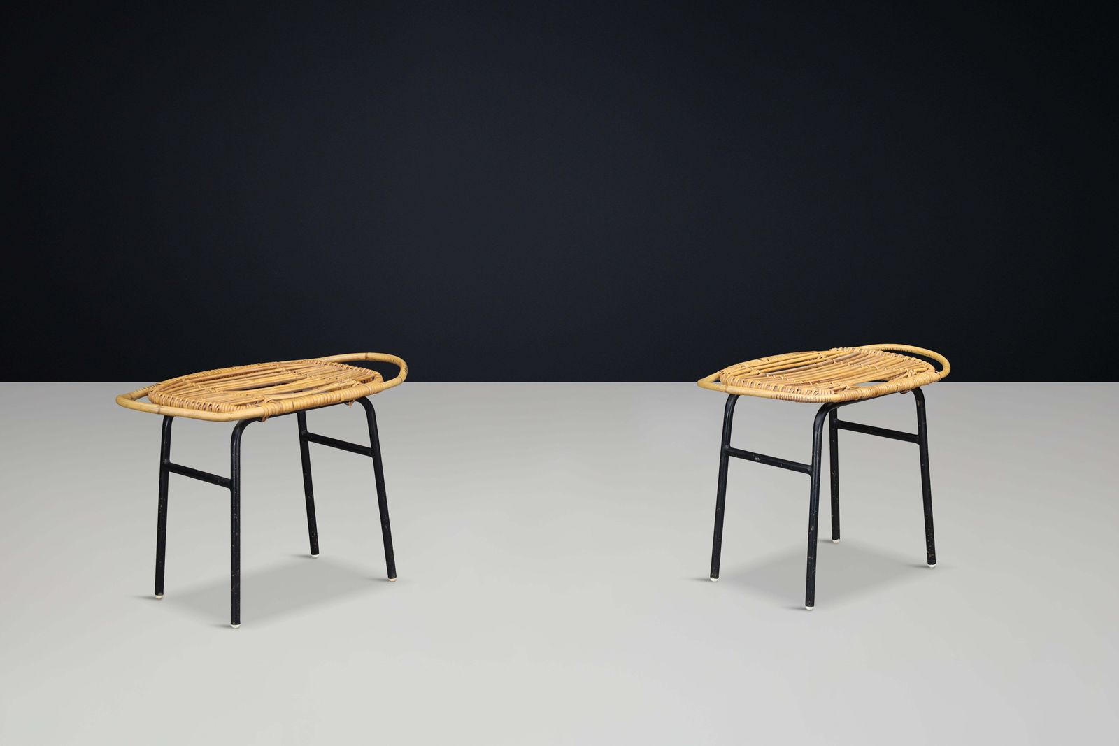 Modern Rattan And Bamboo Black Lacquered Side Table, France, 1950s — 3 Available photo buy