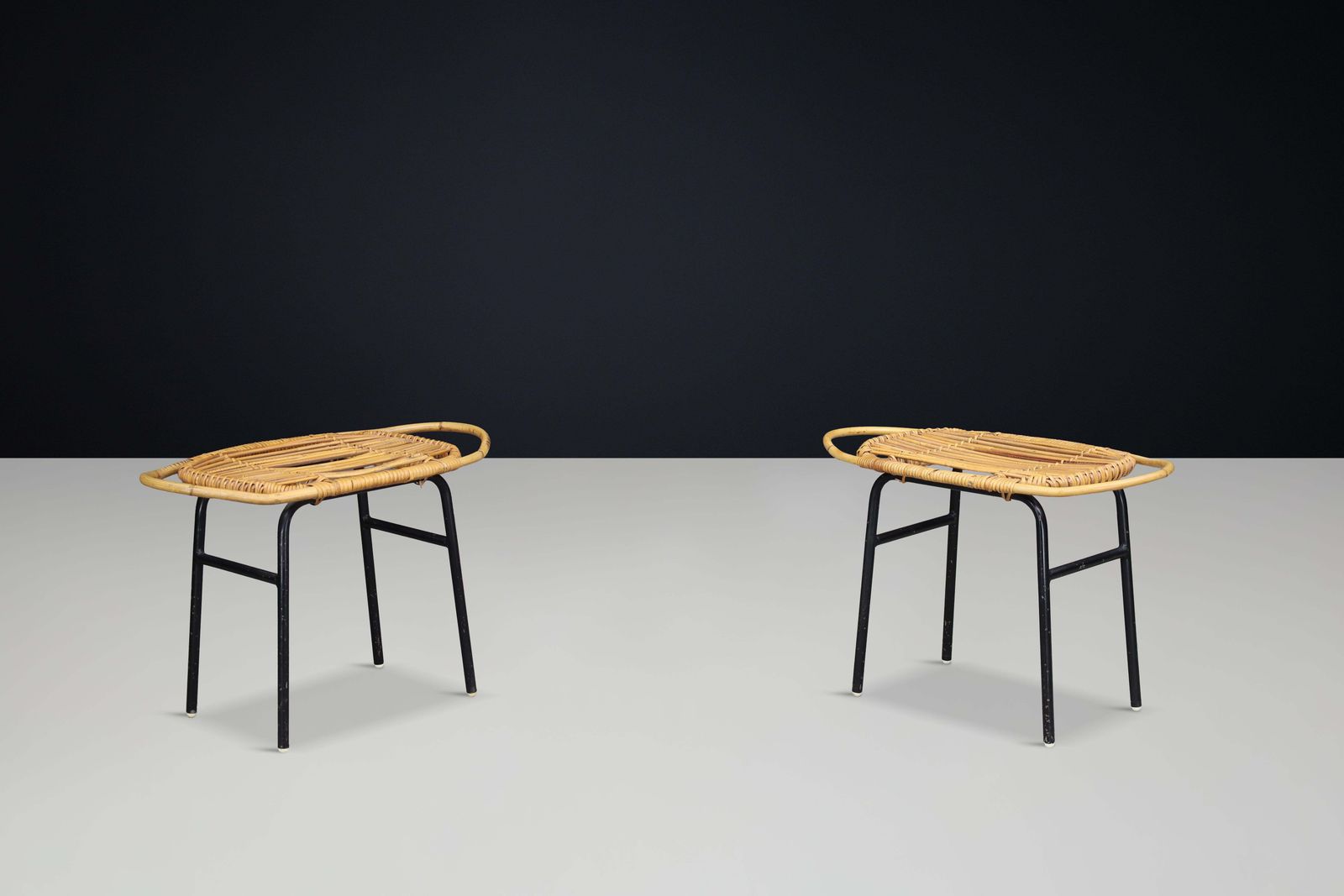 Modern Rattan And Bamboo Black Lacquered Side Table, France, 1950s — 3 Available photo vintage