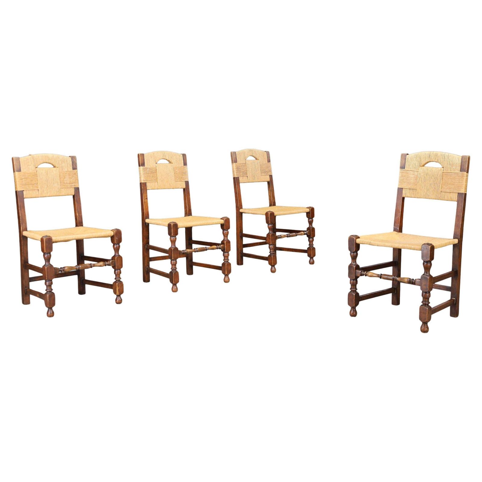 Set Of 4 French Oak Dining Chairs With Rope Seats, 1940s