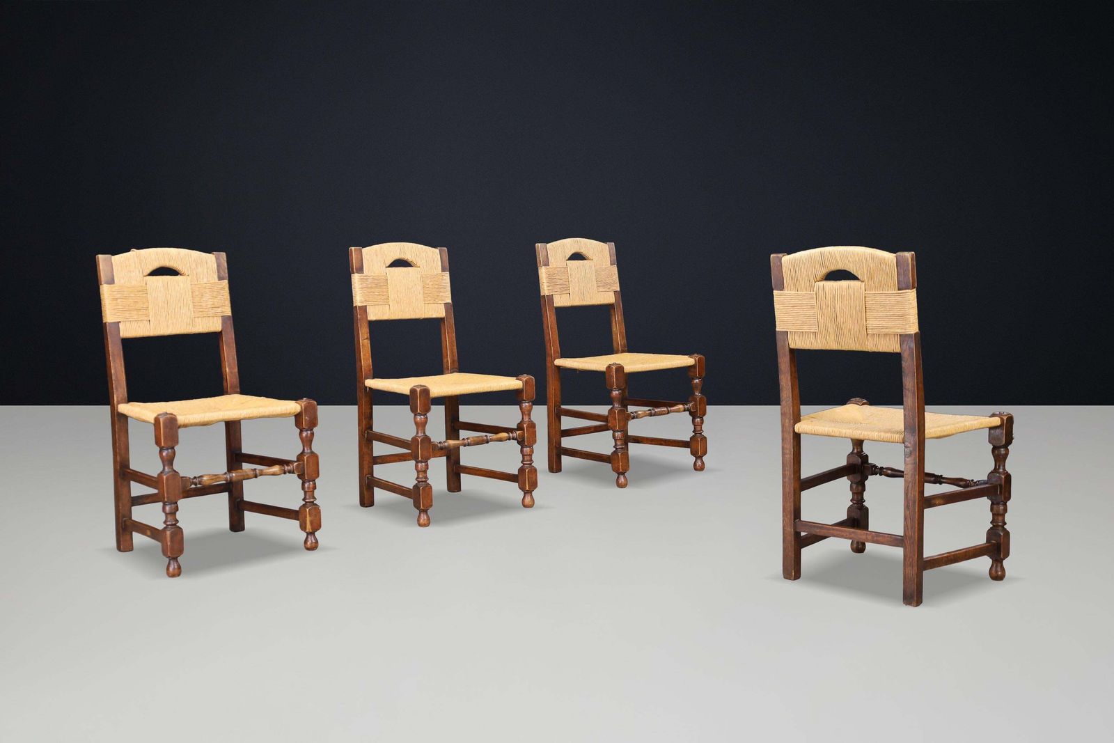 Set Of 4 French Oak Dining Chairs With Rope Seats, 1940s photo for sale