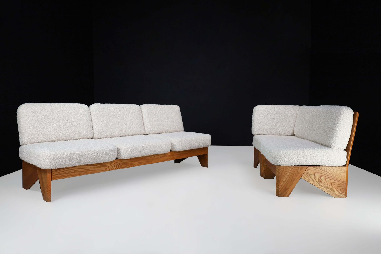 Mid Century Modern Modular Sofa In Elmwood And Bouclé, France, 1970s photo for sale