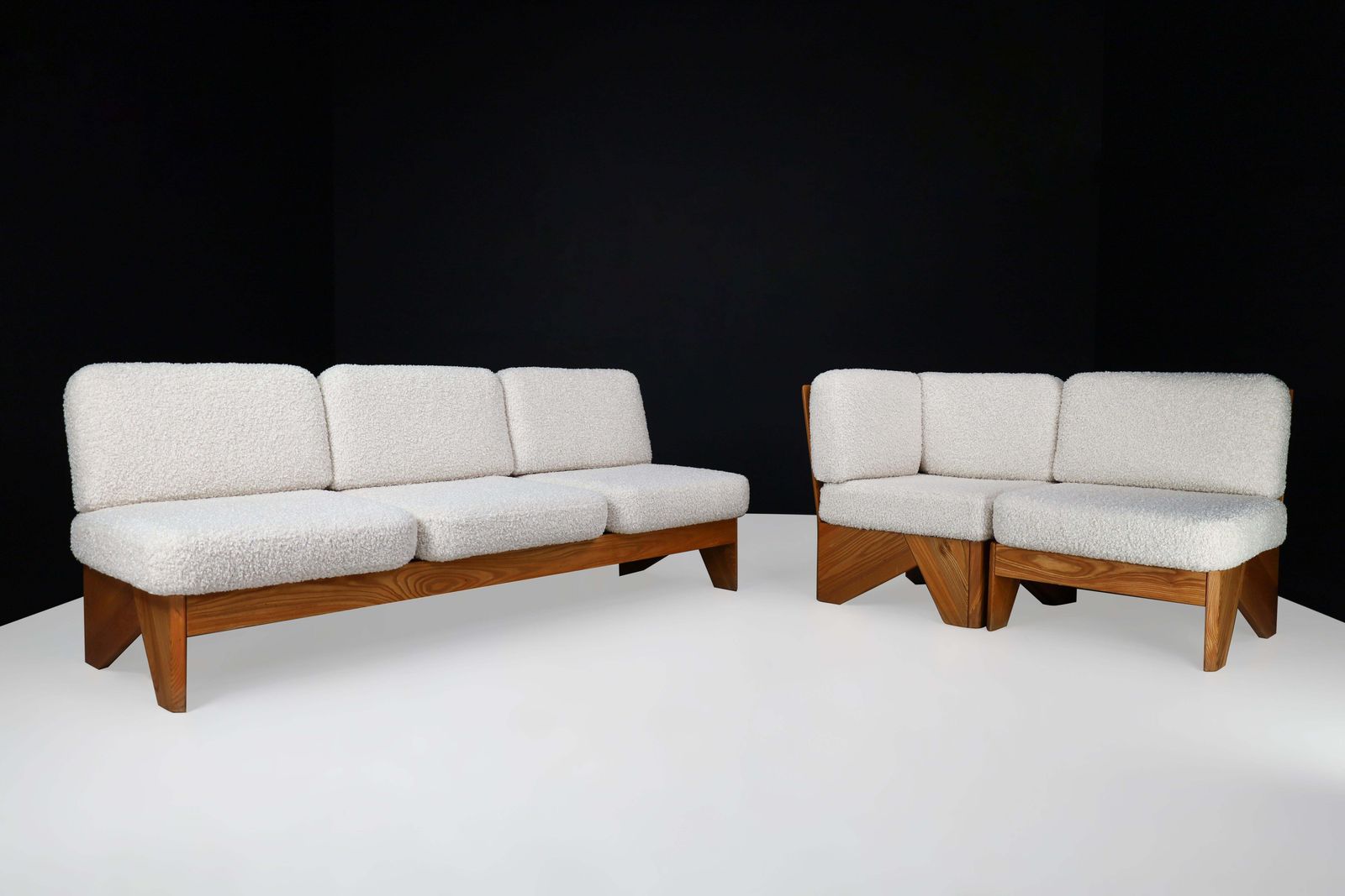Mid Century Modern Modular Sofa In Elmwood And Bouclé, France, 1970s photo Furniture