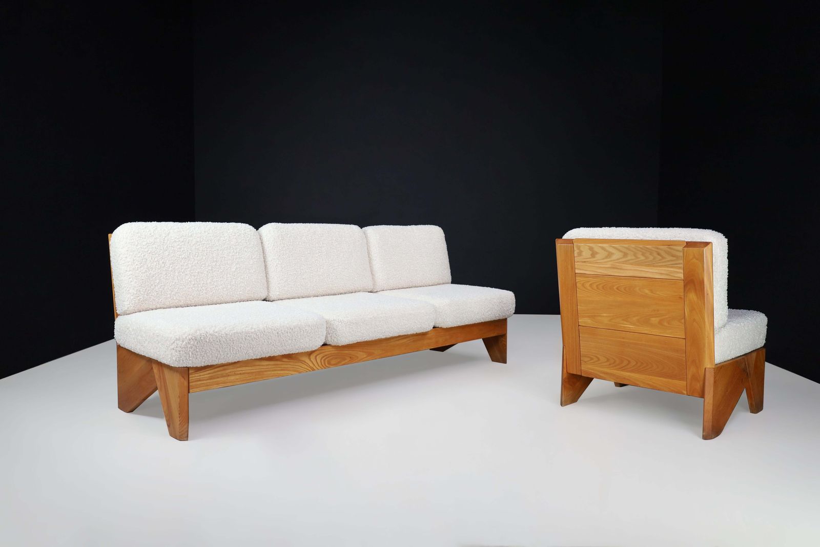 photo for sale Mid Century Modern Modular Sofa In Elmwood And Bouclé, France, 1970s