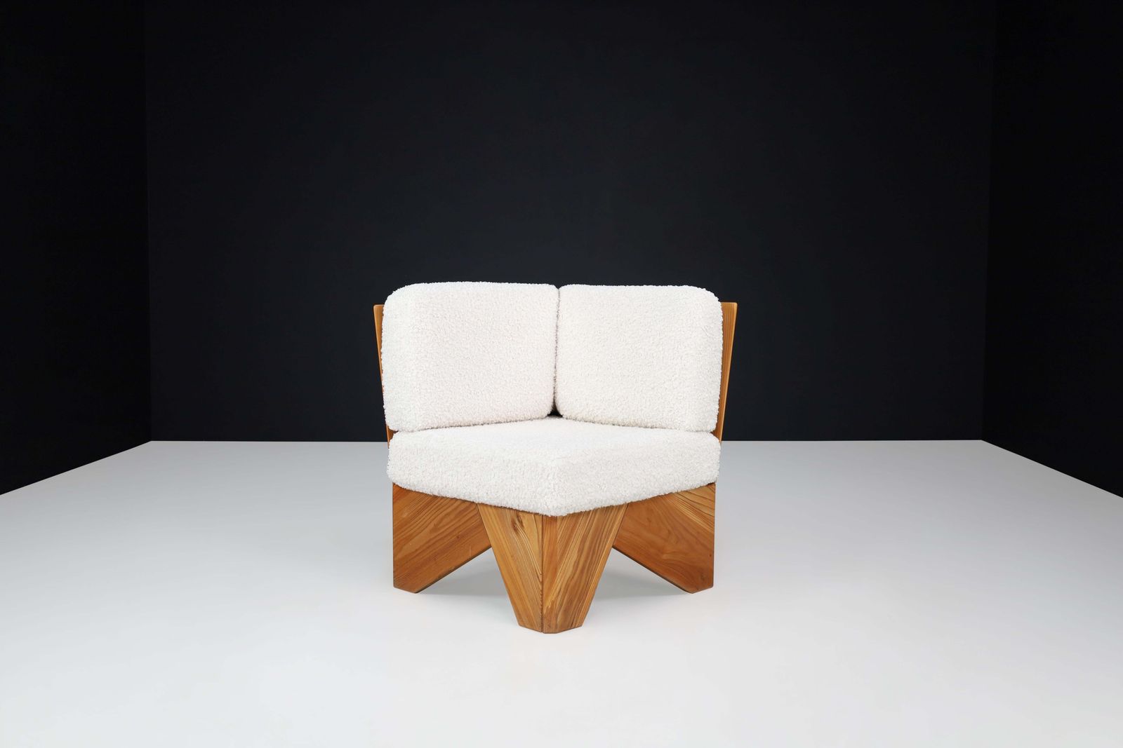 Furniture Mid Century Modern Modular Sofa In Elmwood And Bouclé, France, 1970s photo