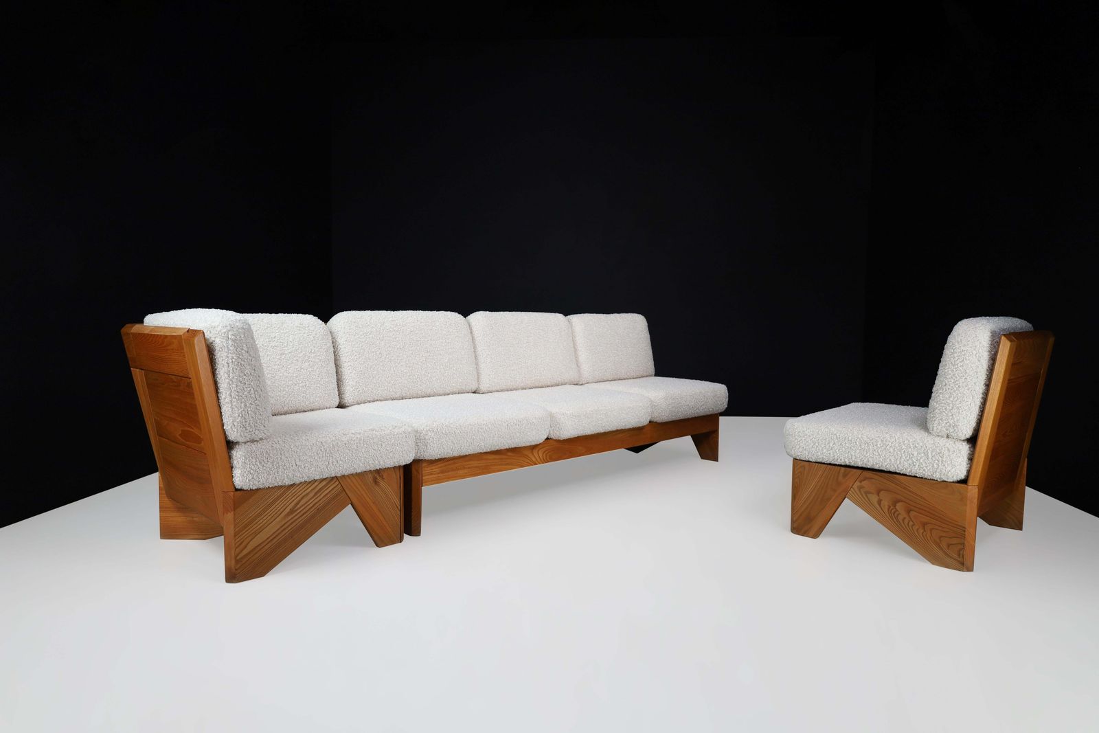 photo vintage Mid Century Modern Modular Sofa In Elmwood And Bouclé, France, 1970s