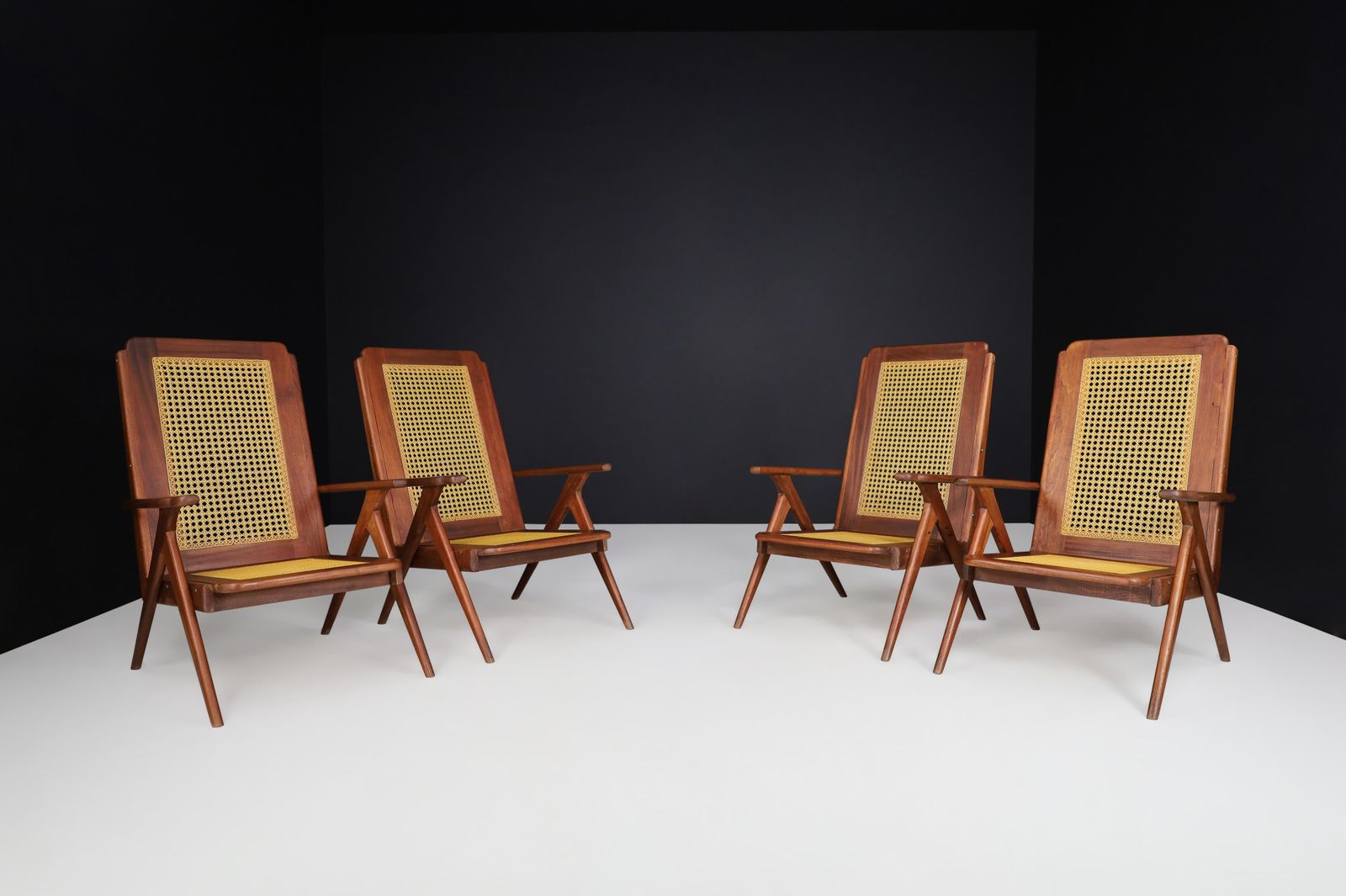 Lounge Chairs With Mahogany Structure And Webbing, France 1950s photo for sale