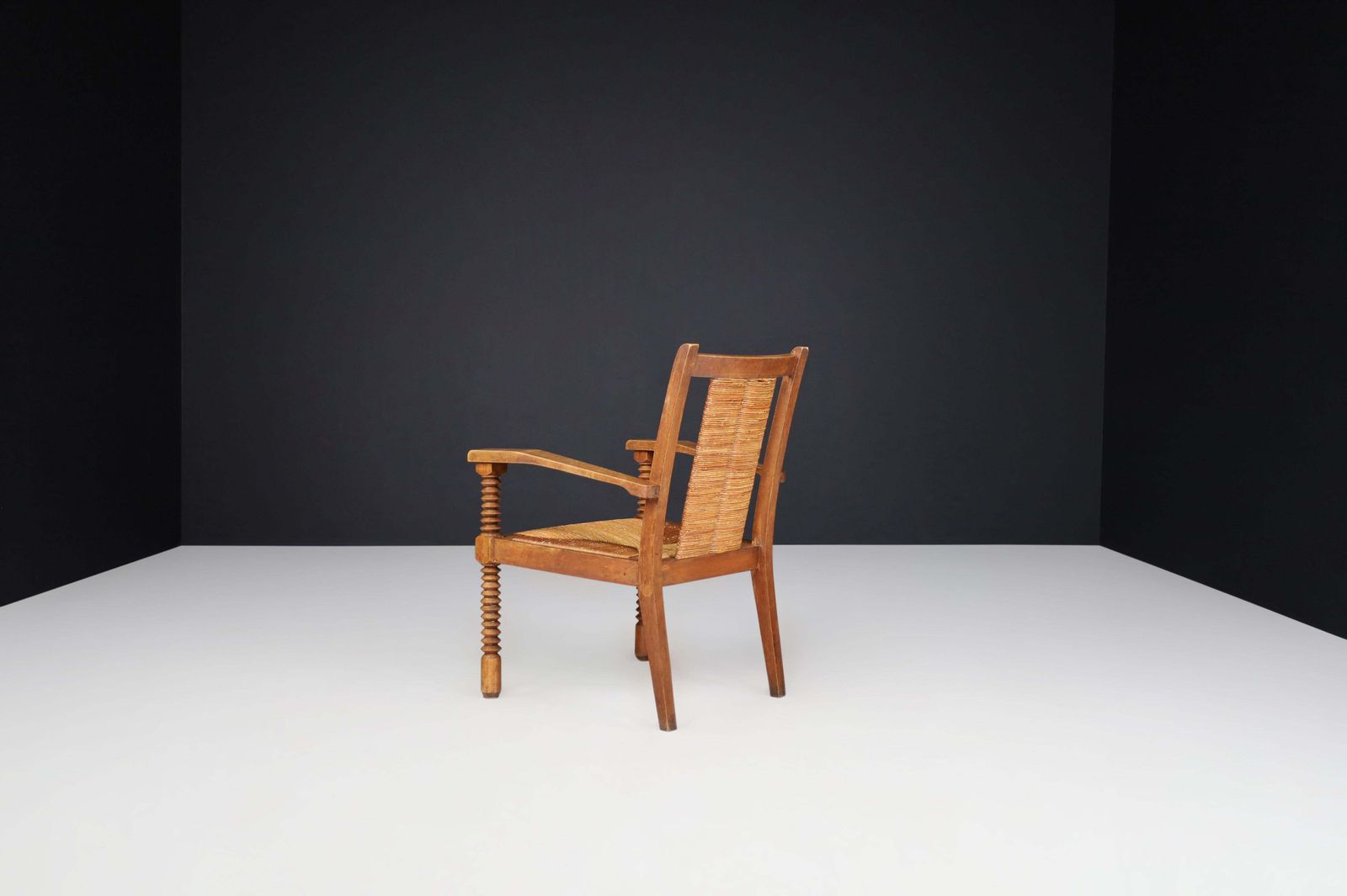 Charles Dudouyt Patinated Oak And Rush Armchairs, France 1940s photo vintage