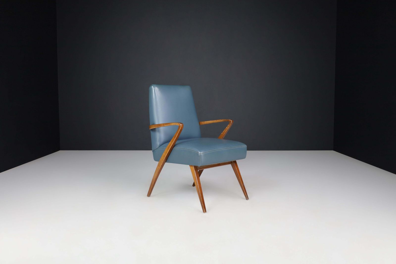 Mid Century Modern French Armchair In Blue Leather, 1950s photo for sale