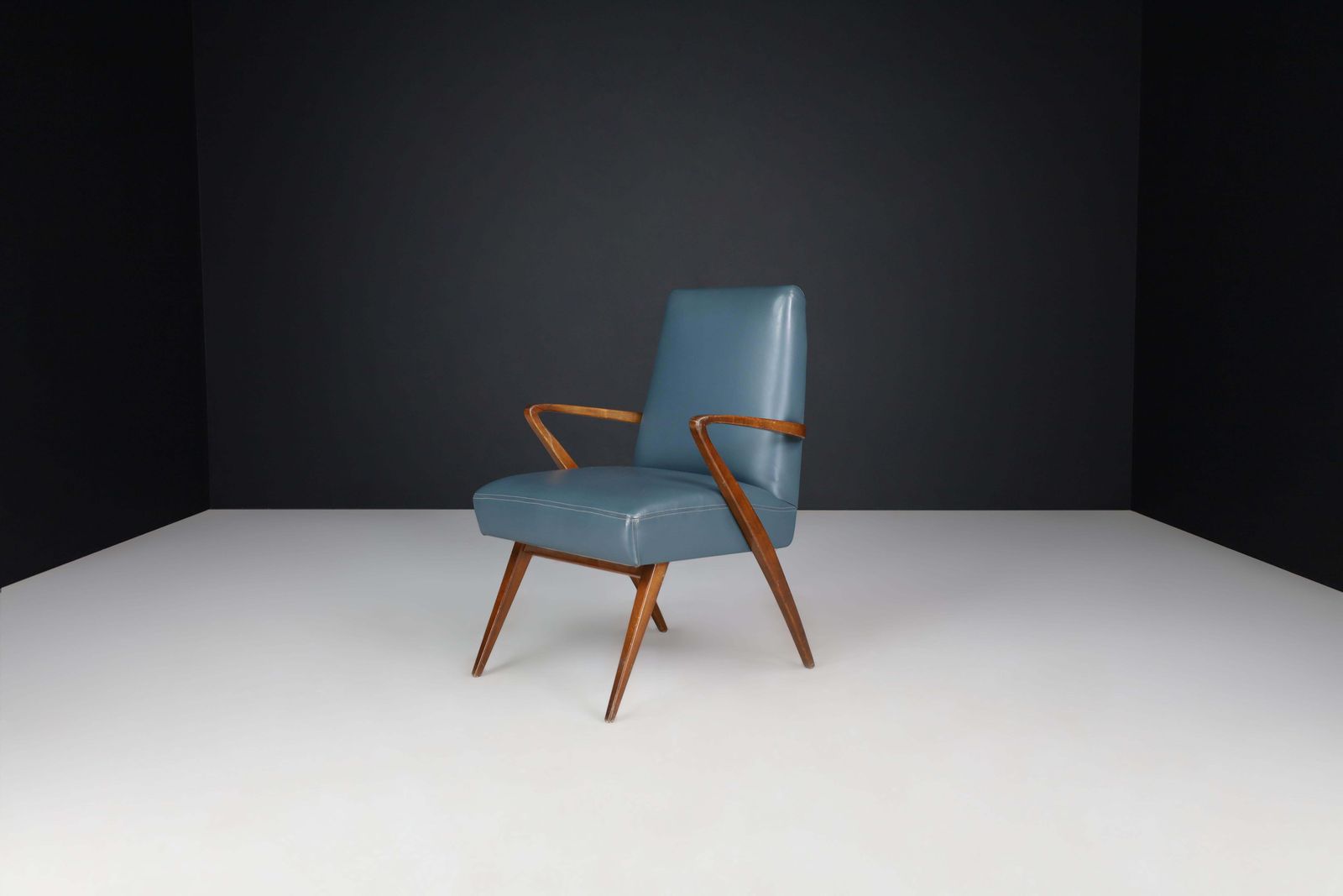 photo for sale Mid Century Modern French Armchair In Blue Leather, 1950s