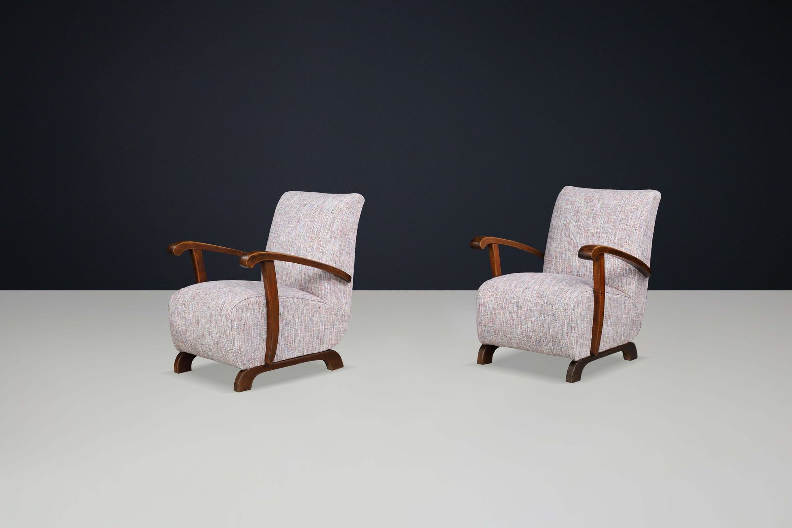 Art Deco Lounge Chairs In Patinated Beechwood And Multicolor Fabric, Cz 1940s photo vintage