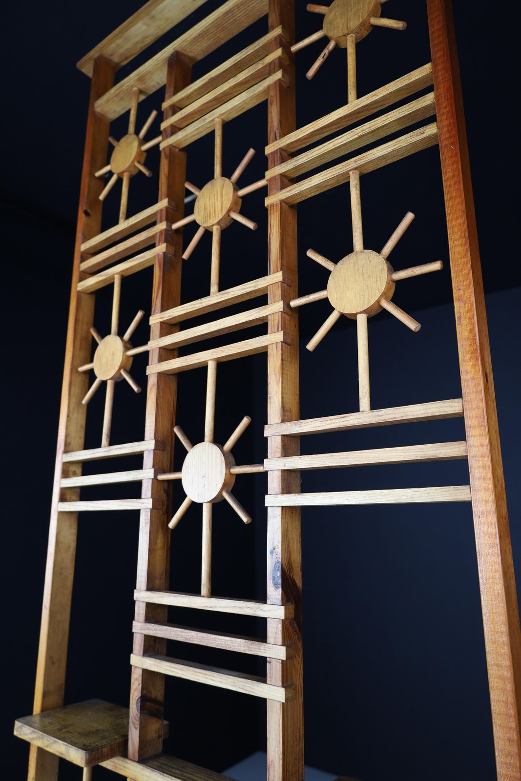 French Pine Room Divider With Sunburst Accents, 1960s photo vinterior