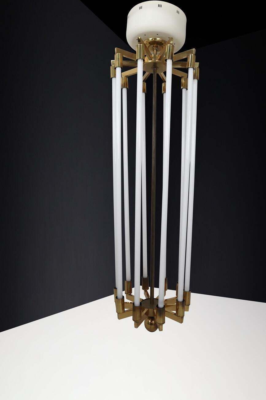 Large Brass Bauhaus Chandelier By Kaiser & Co., Germany, Circa 1940s photo for sale