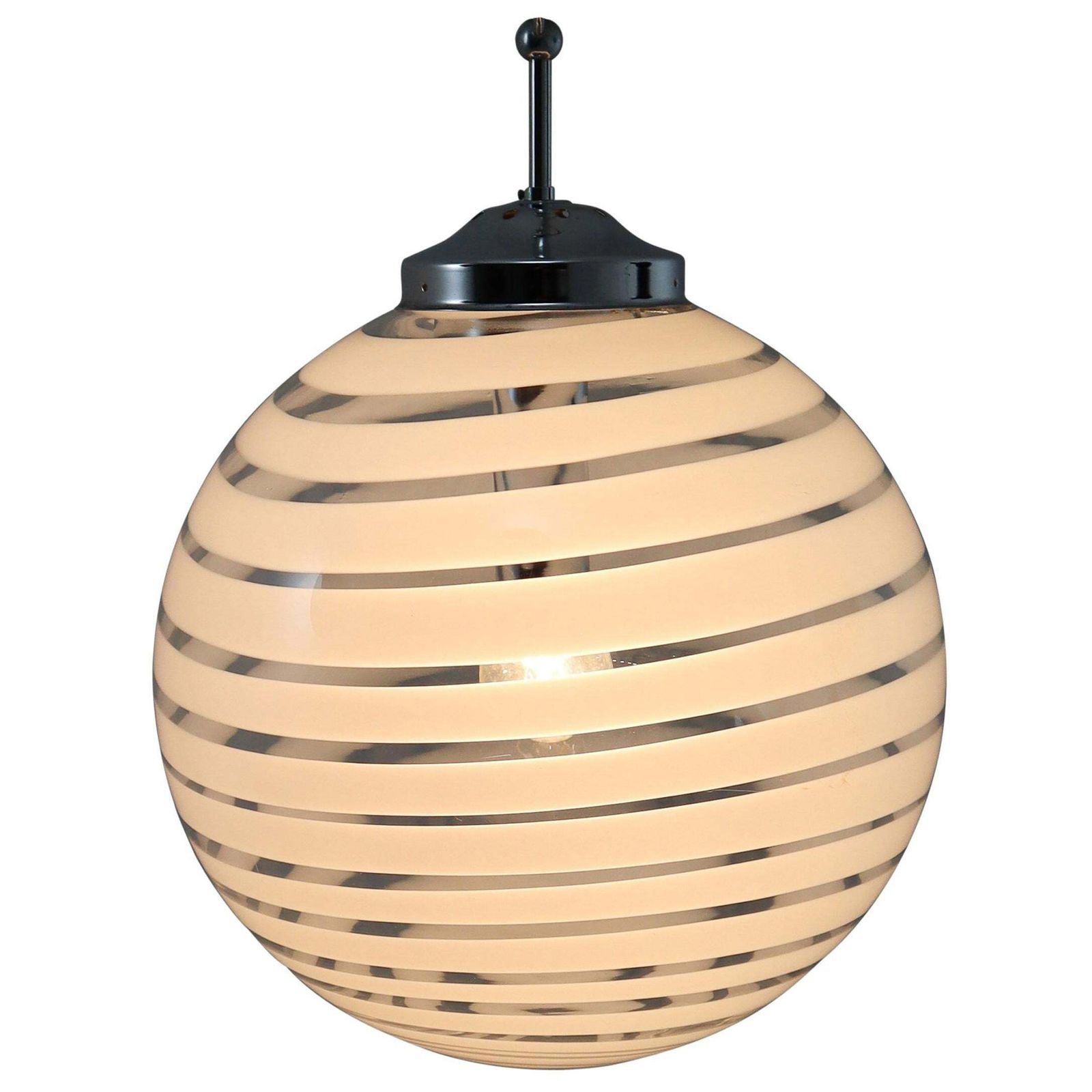 Midcentury Pendant In Chrome And Art Glass With White Streaks, Germany, 1970s