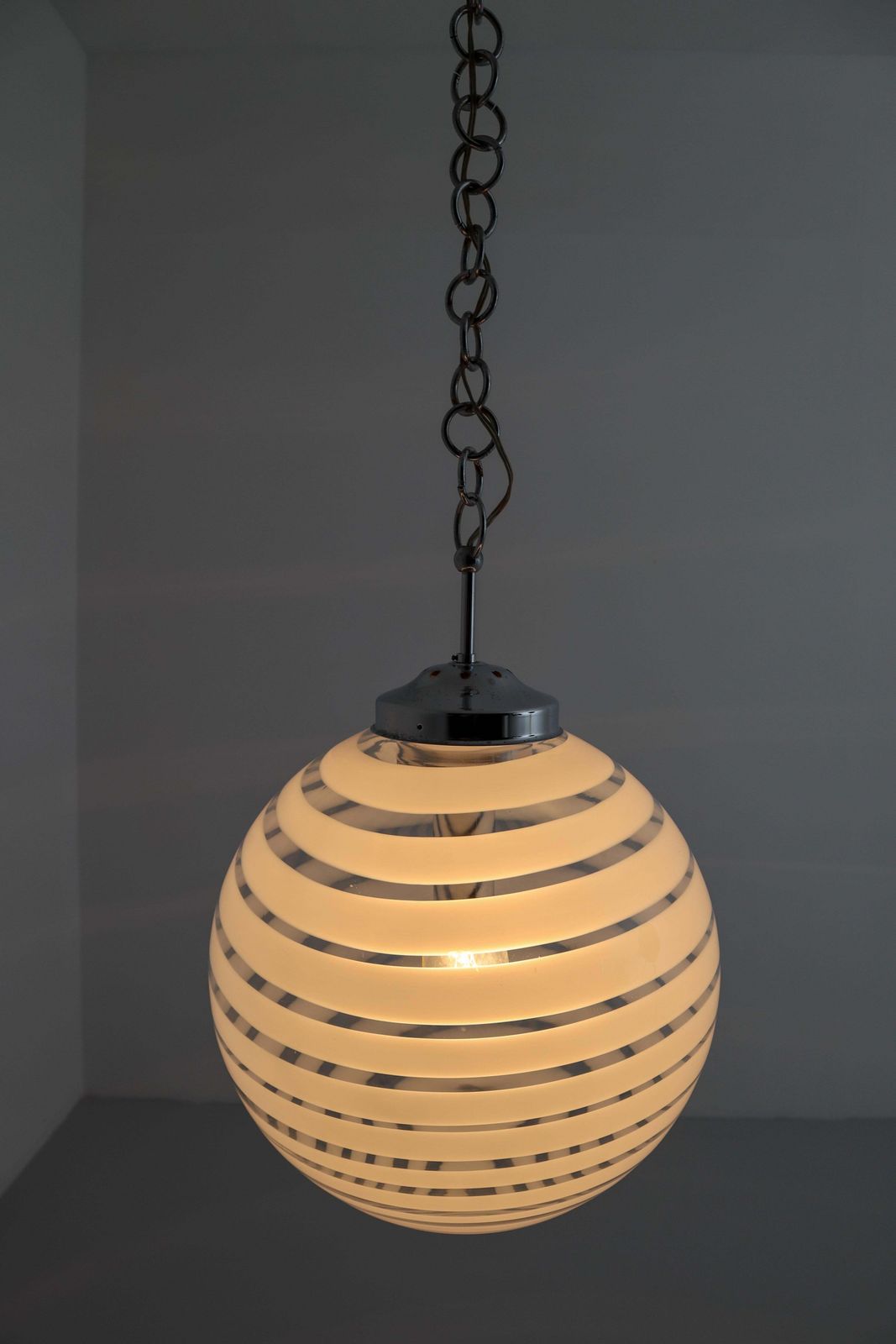 Midcentury Pendant In Chrome And Art Glass With White Streaks, Germany, 1970s photo 532.0
