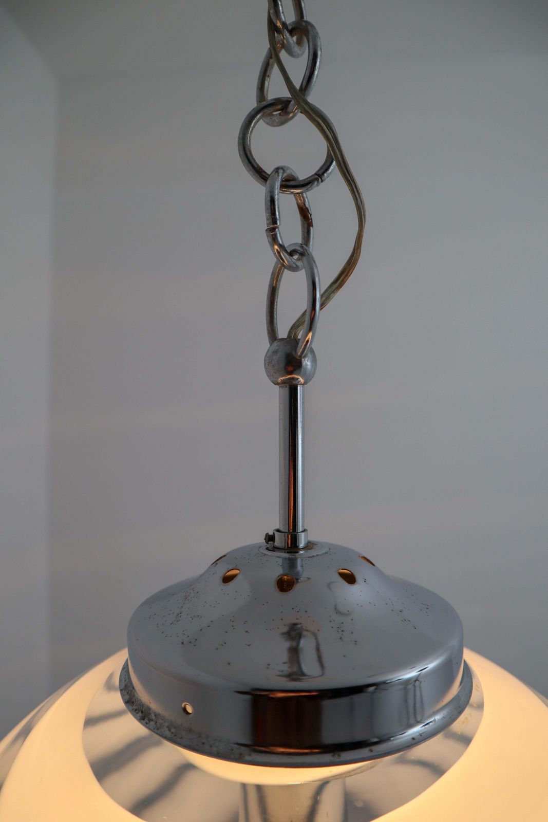 photo furniture Midcentury Pendant In Chrome And Art Glass With White Streaks, Germany, 1970s