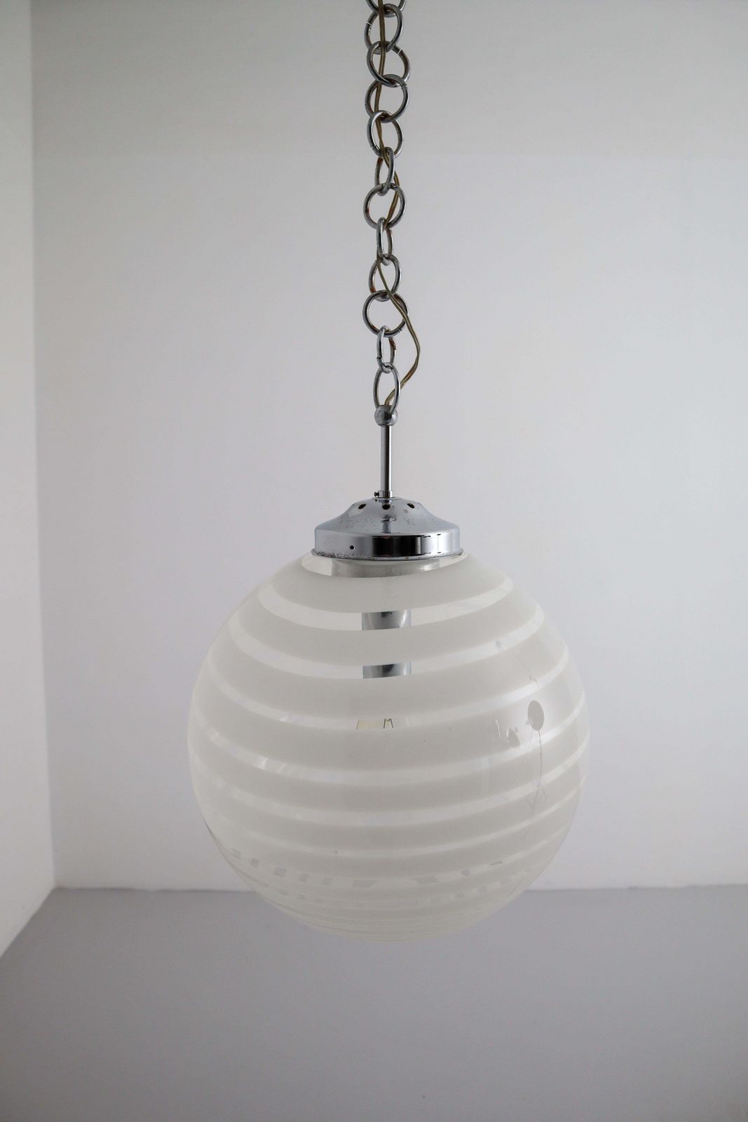 532.0 Midcentury Pendant In Chrome And Art Glass With White Streaks, Germany, 1970s photo