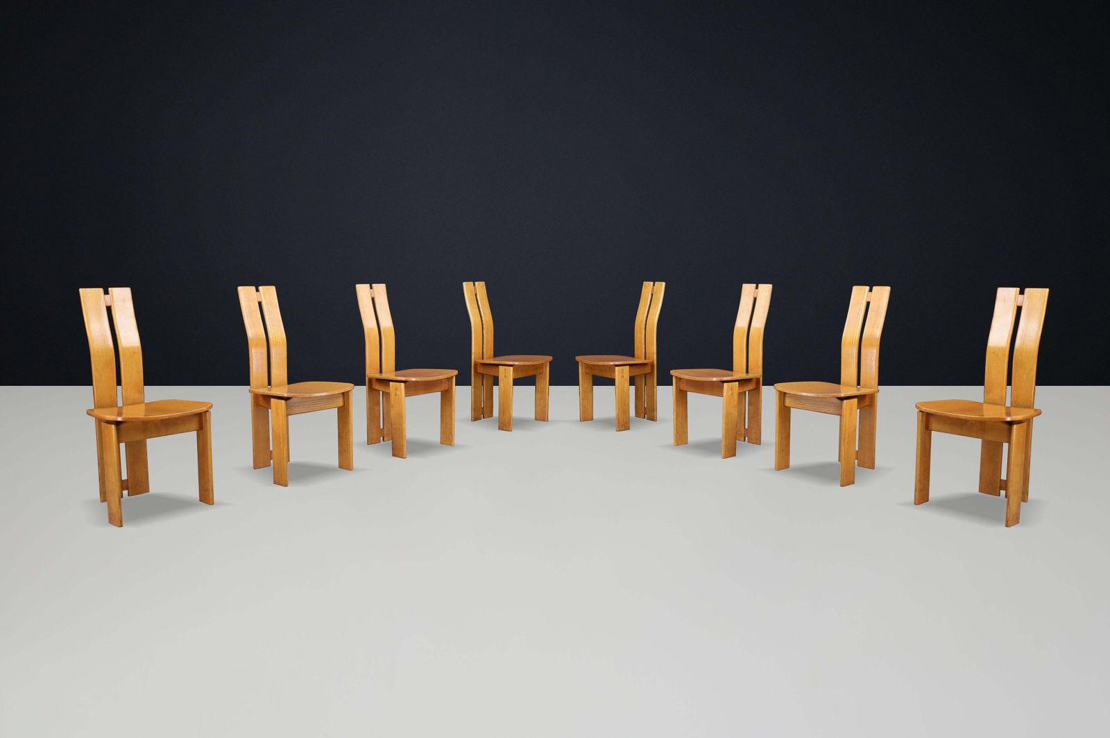 Set Of 16 Mid Century Modern Elmwood Highback Dining Chairs, France, 1970 photo furniture