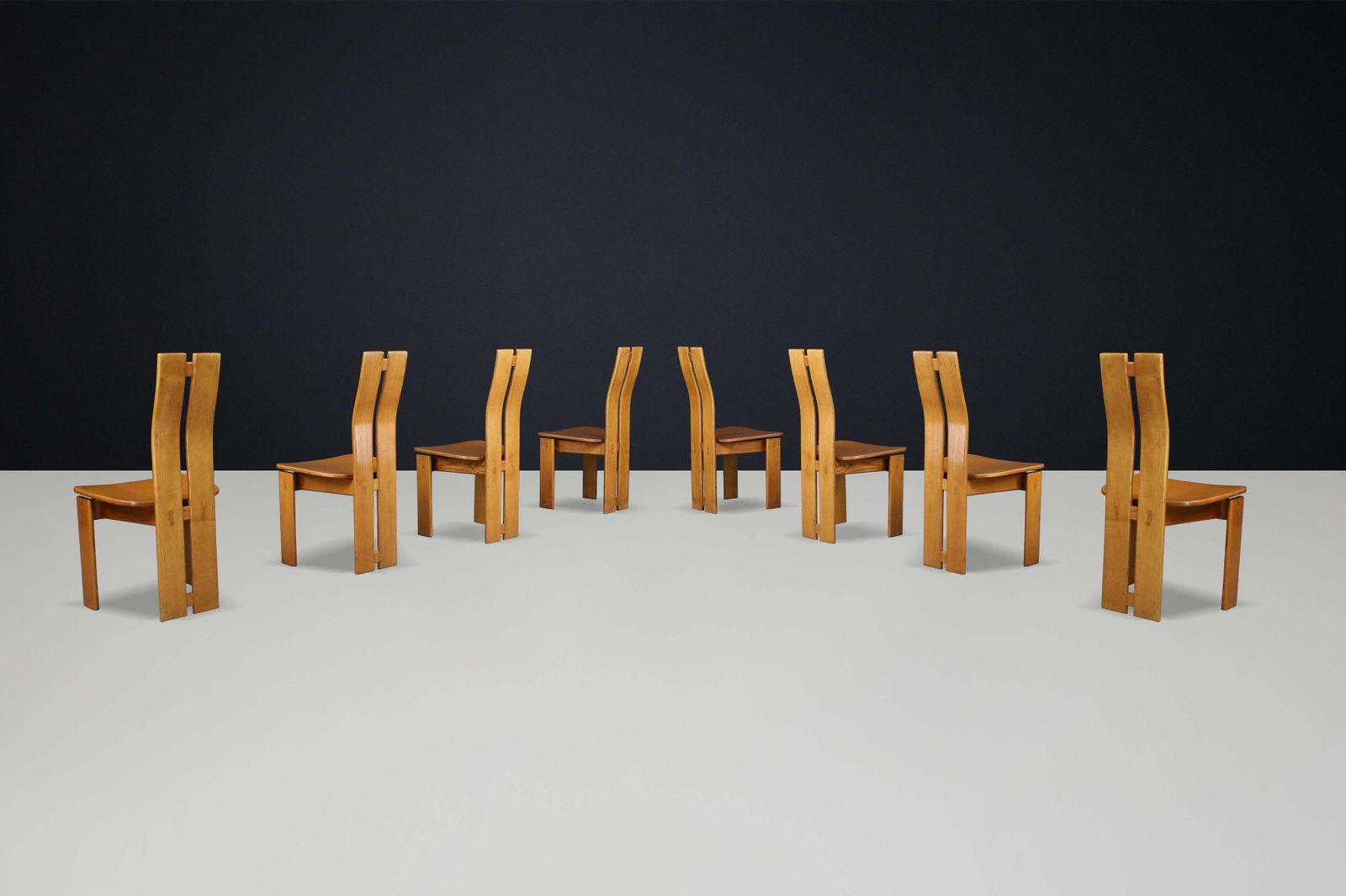 Set Of 16 Mid Century Modern Elmwood Highback Dining Chairs, France, 1970 photo for sale