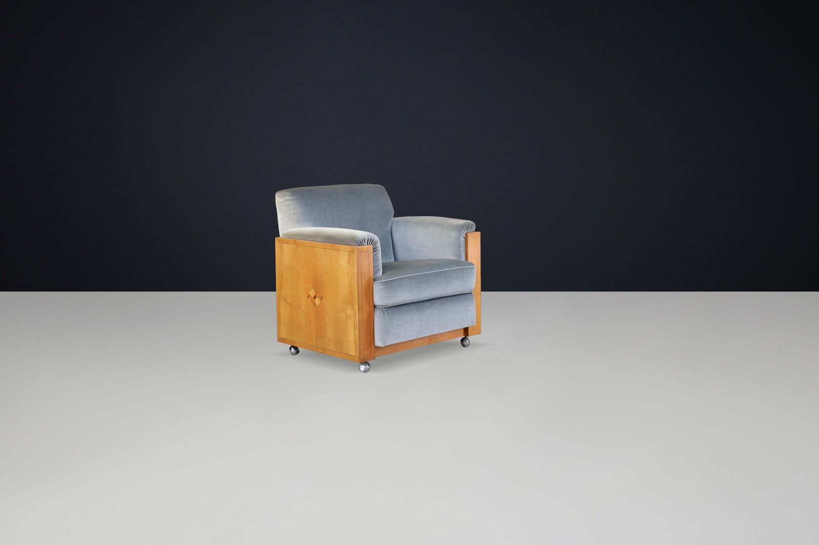 Dutch Art Deco Oak Armchair With Inlaid Motif And Original Grey Velvet, 1930s photo furniture