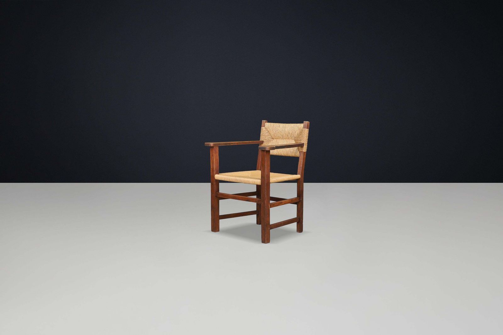 Rustic French Provincial Oak And Rush Armchair, 1940s photo for sale