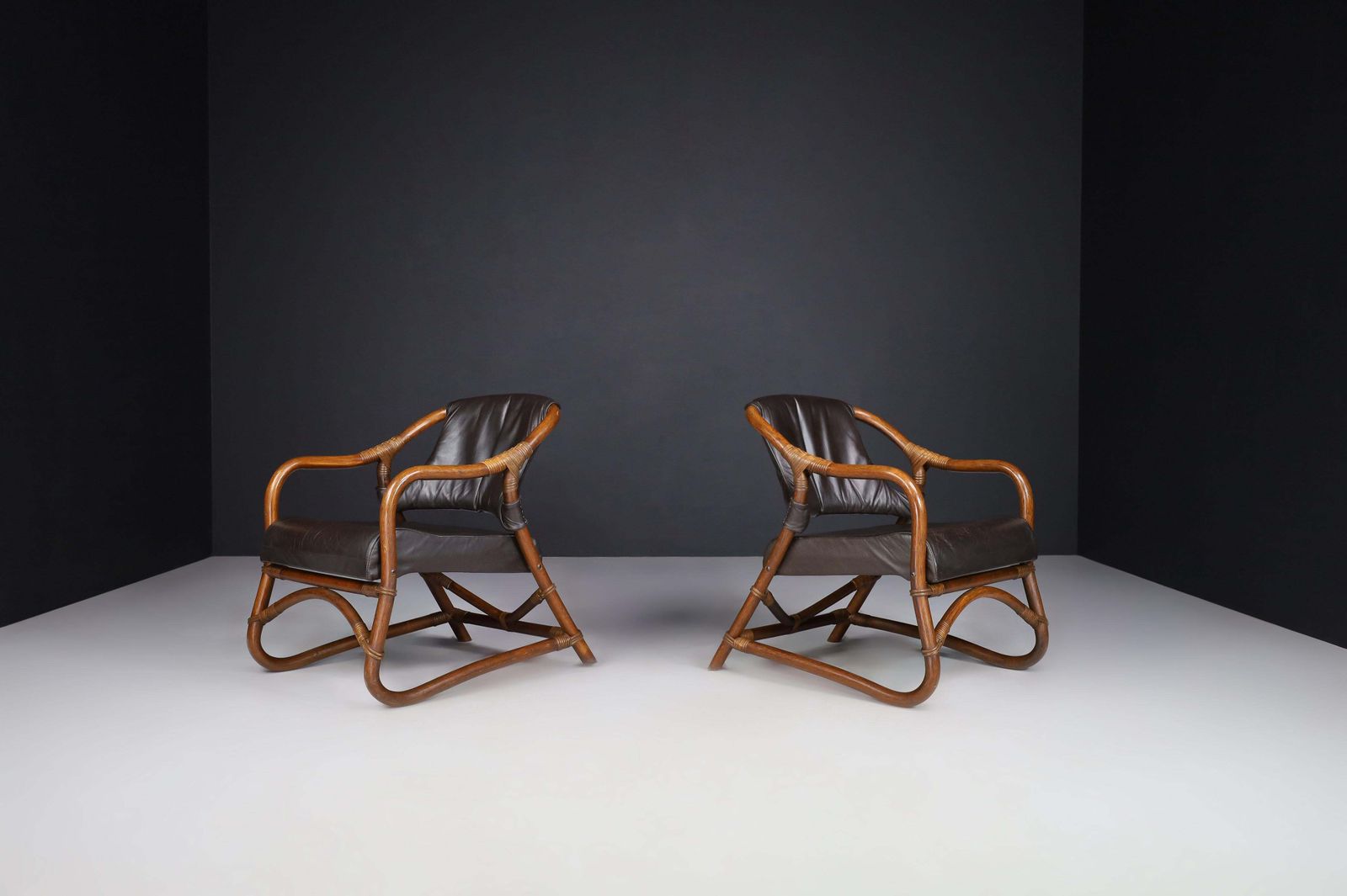 Pair Of "Manilla" Lounge Chairs In Bamboo And Leather By Horsnæs, 1960s Denmark photo furniture