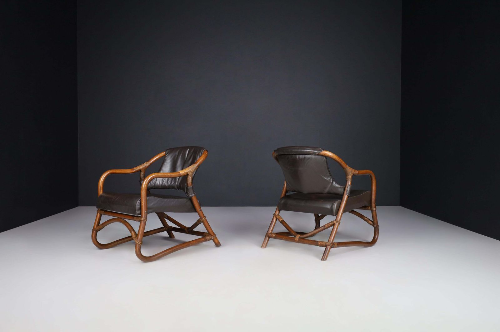 Pair Of "Manilla" Lounge Chairs In Bamboo And Leather By Horsnæs, 1960s Denmark photo for sale