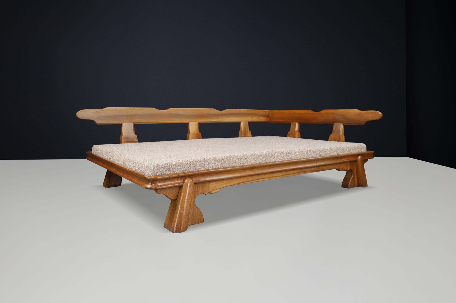 Monumental French Brutalist Walnut Daybed, Sculptural With Bouclé Upholstery. photo for sale