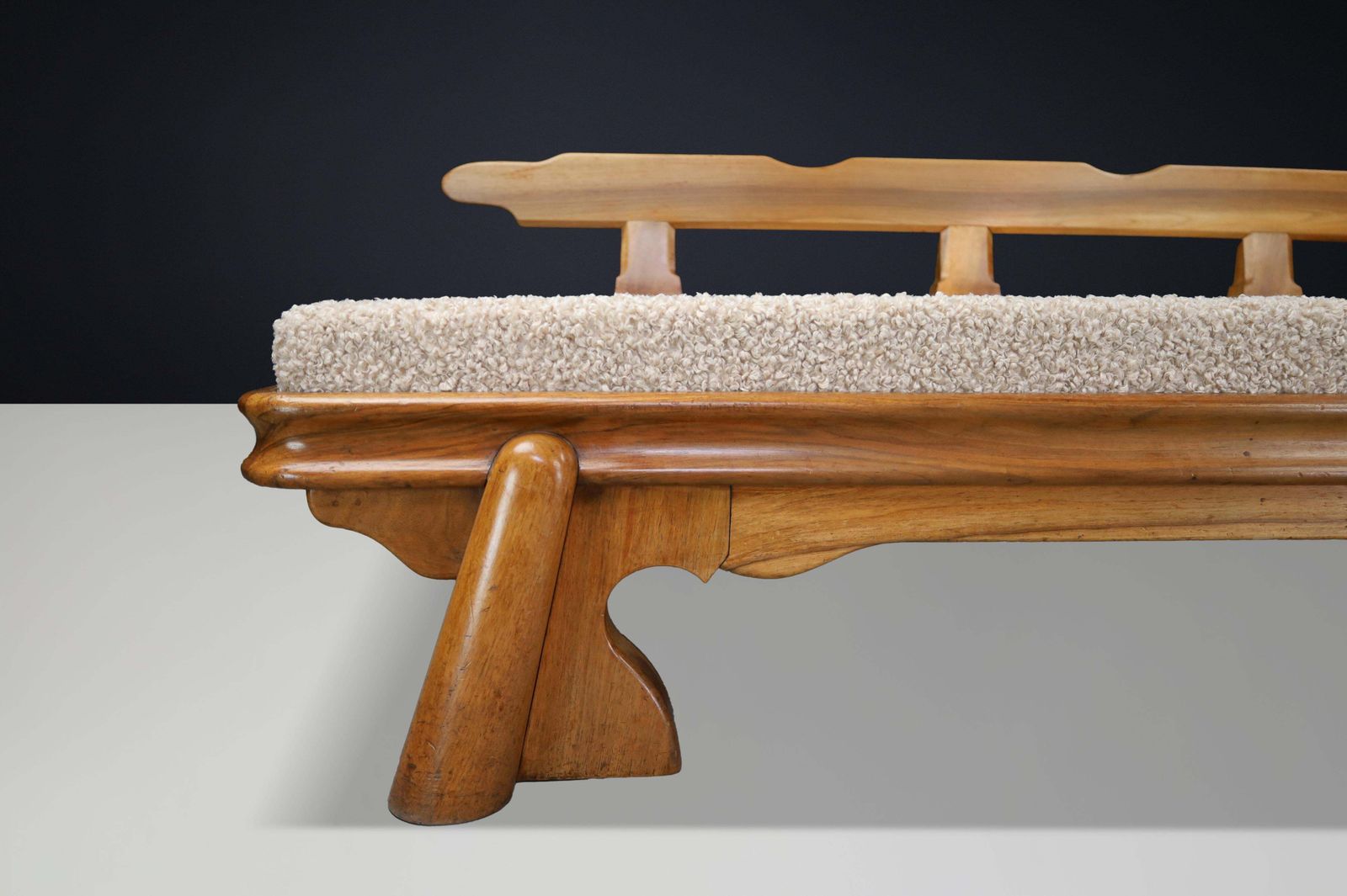 Monumental French Brutalist Walnut Daybed, Sculptural With Bouclé Upholstery. photo Furniture