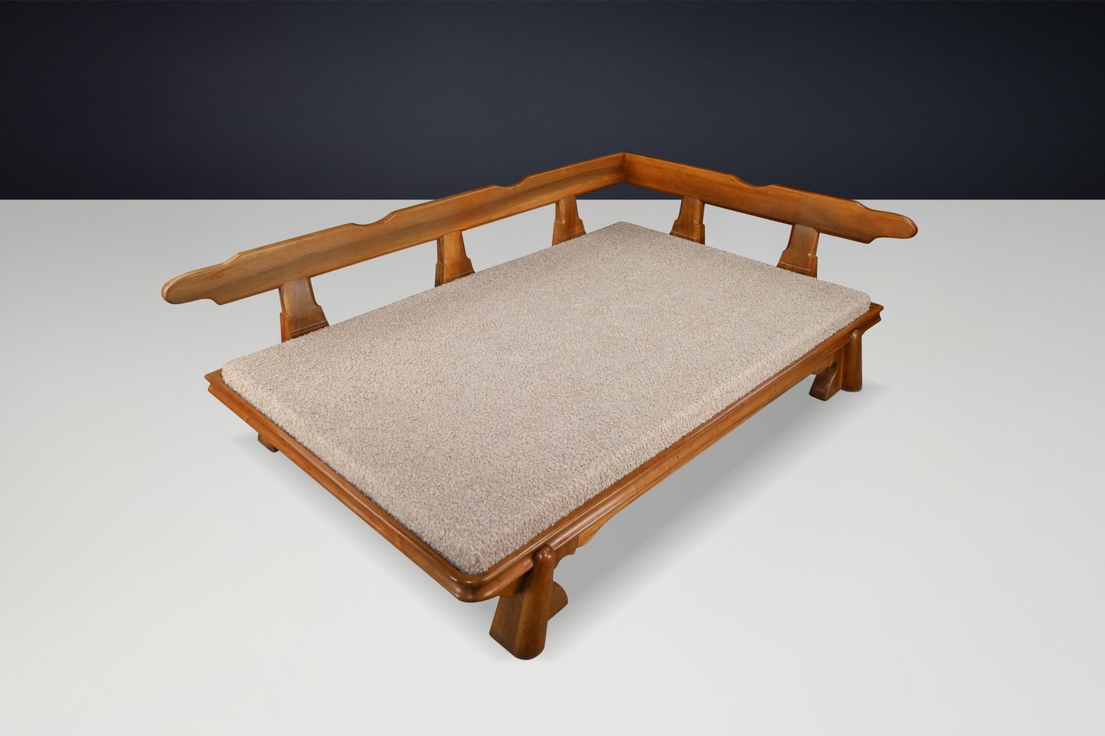 Monumental French Brutalist Walnut Daybed, Sculptural With Bouclé Upholstery. photo 6944.0