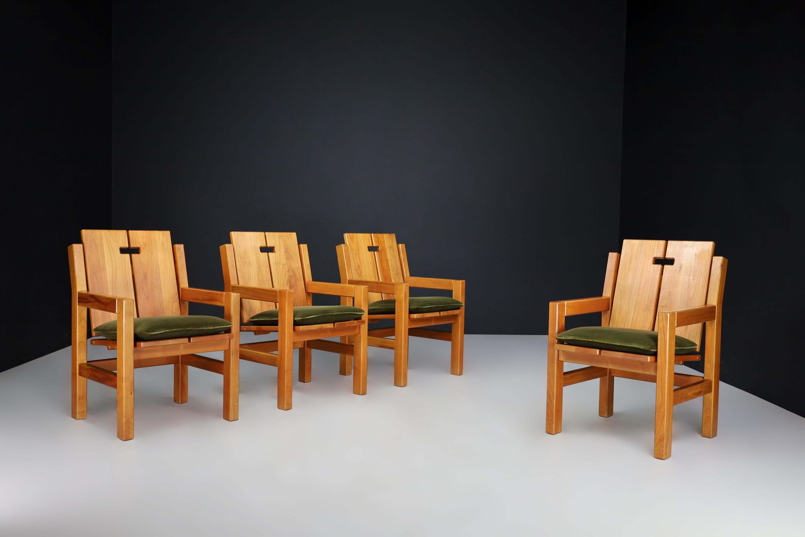 Mid Century Modern Elm Armchairs With Green Velvet Upholstery, France 1970s photo furniture