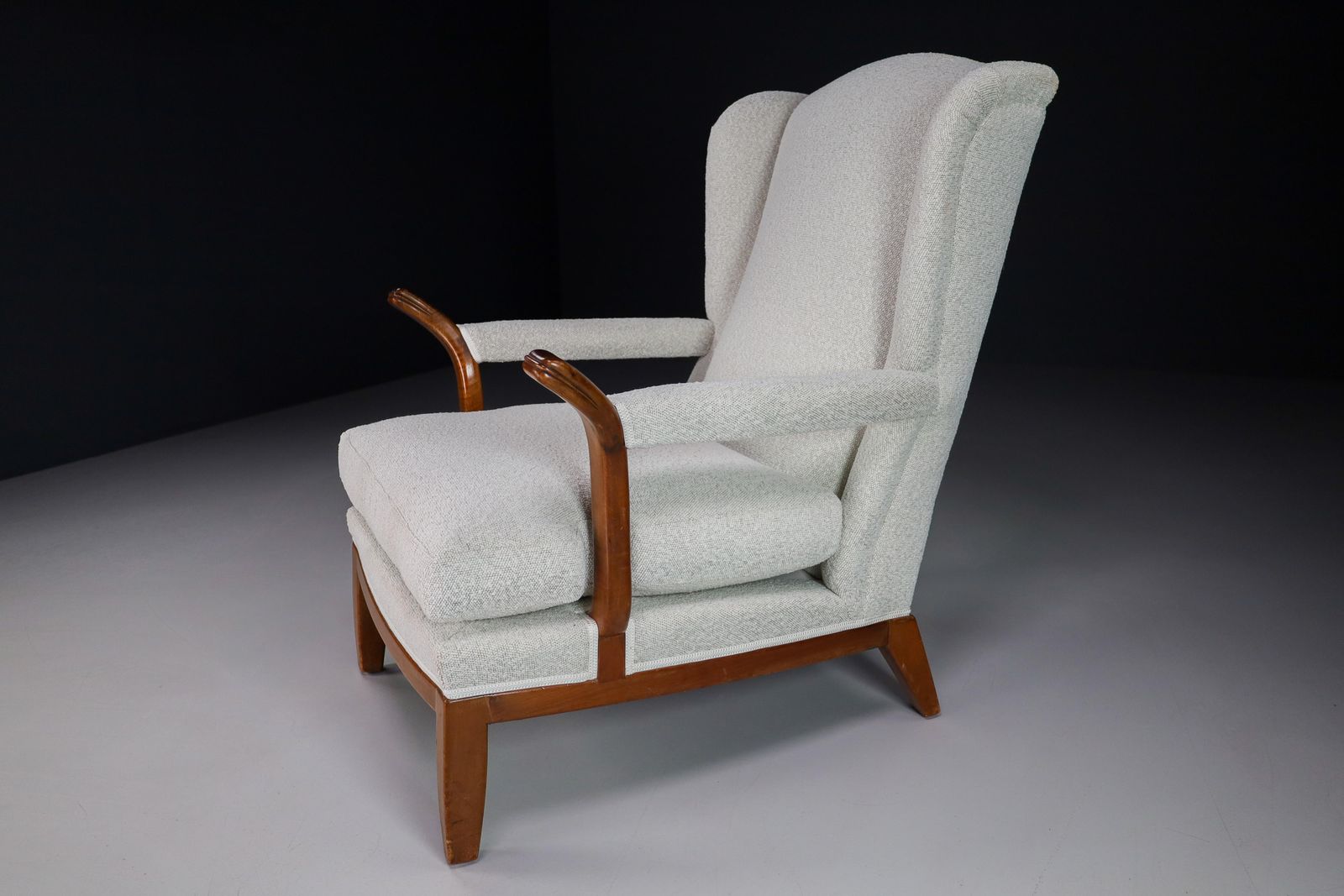 Large Wingback Chair In Walnut And New Bouclé Fabric, France, 1930s photo for sale