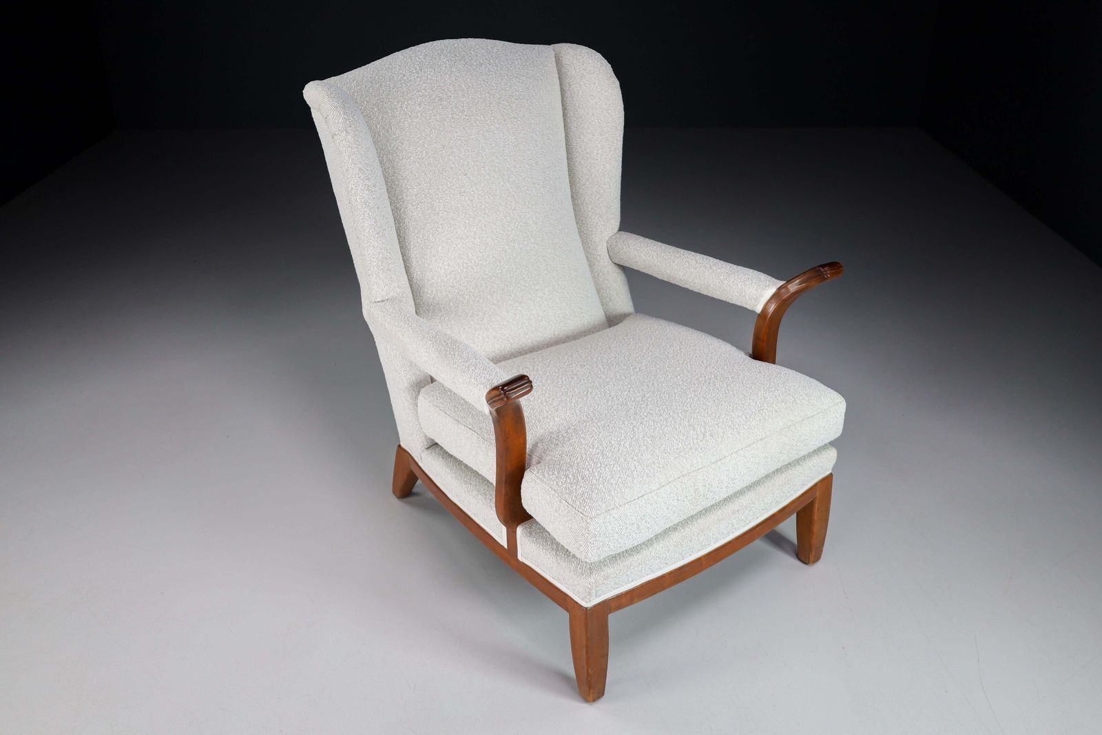 Large Wingback Chair In Walnut And New Bouclé Fabric, France, 1930s photo Furniture