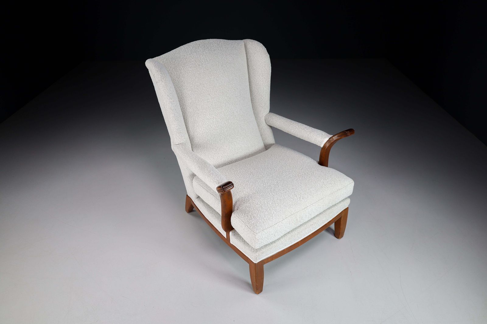 Large Wingback Chair In Walnut And New Bouclé Fabric, France, 1930s photo buy