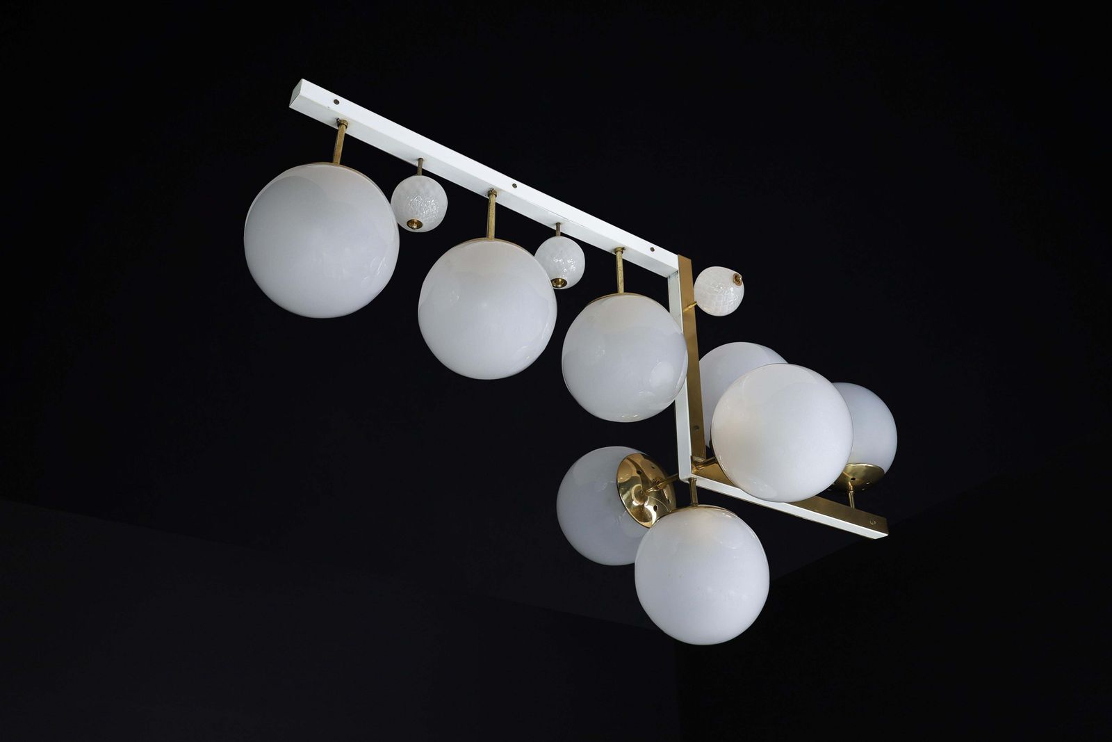 Mid Century Modern Brass And Frosted Glass Chandelier, Prague, 1960s photo buy