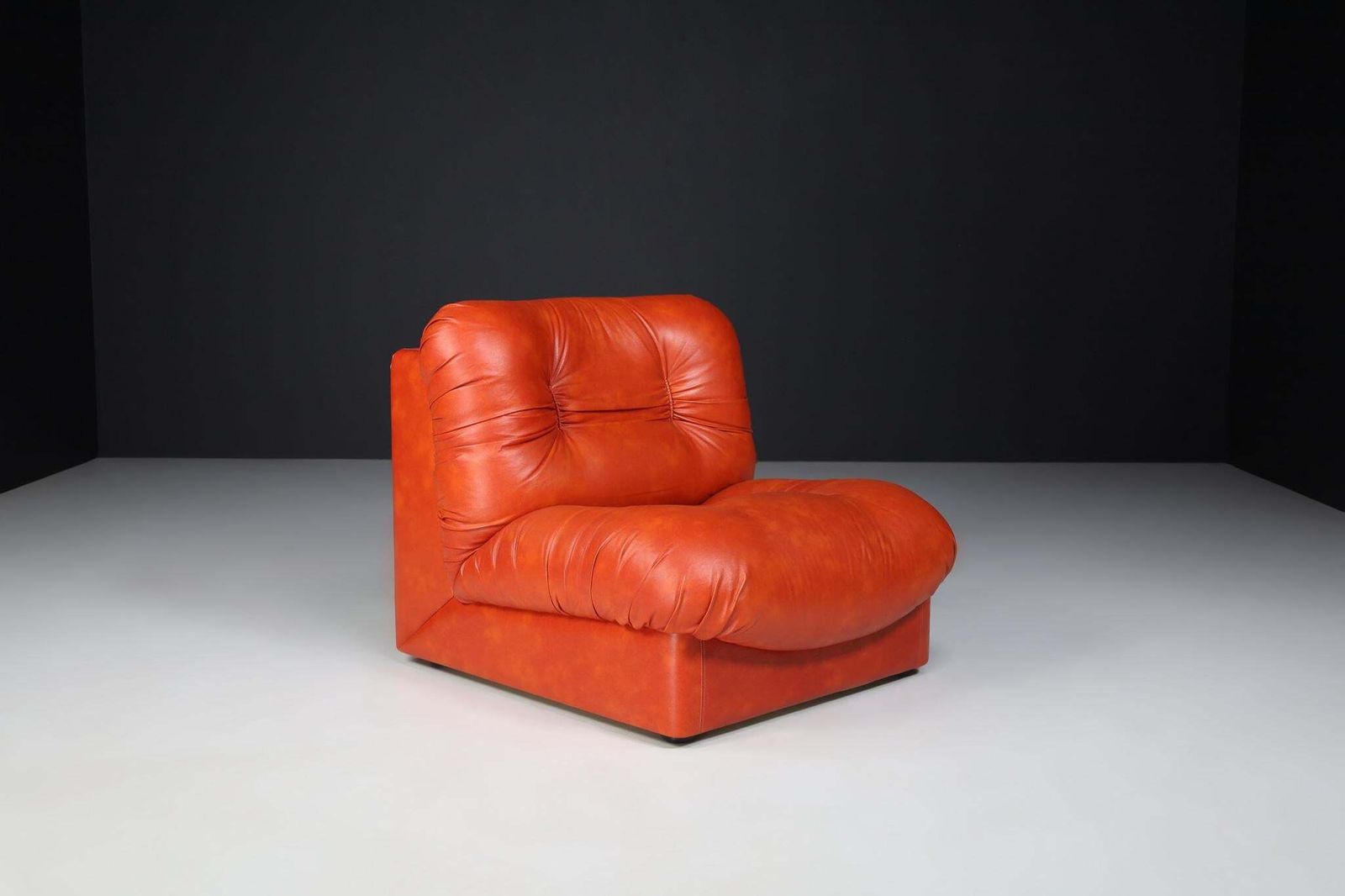 photo for sale Set Of Four Red Leather Mid Century Lounge Chairs, Sofa , Italy 1970