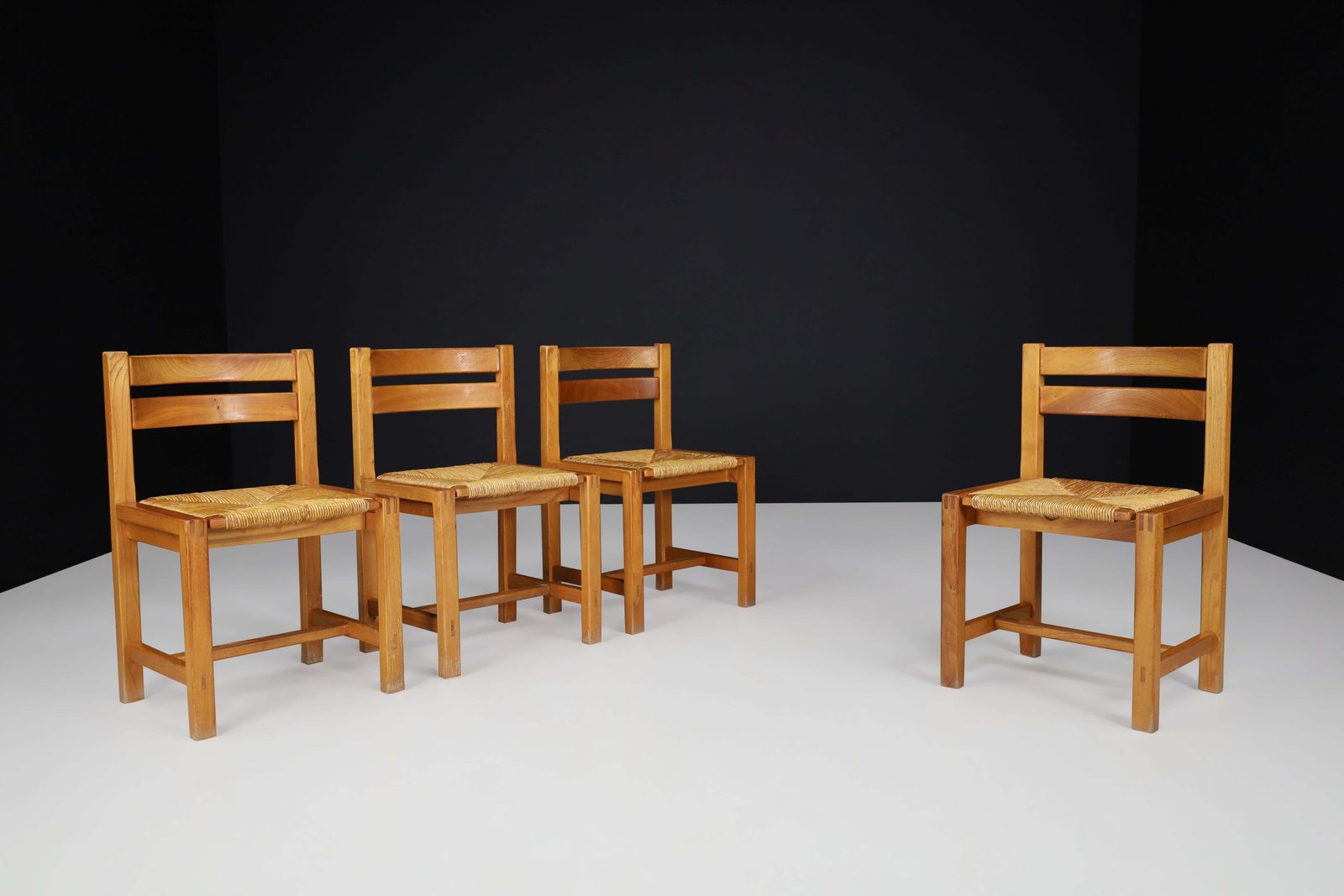 Set Of 4 Mid Century Modern Elm And Rush Dining Chairs By Maison Regain, France photo for sale