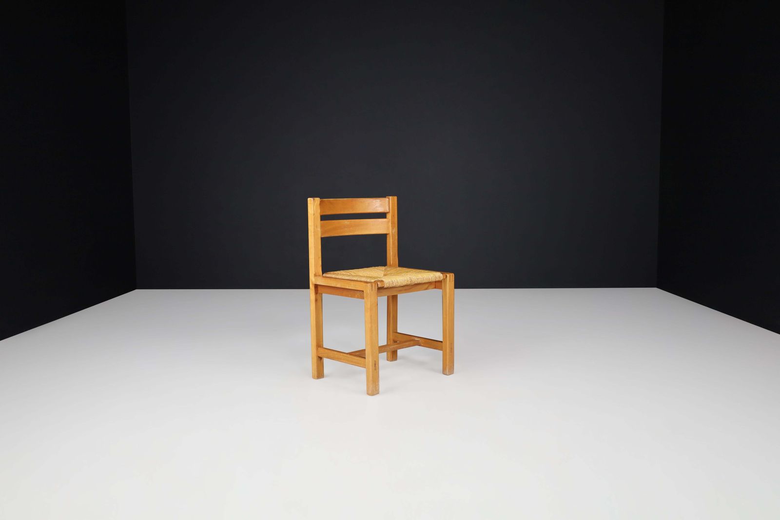 Furniture Set Of 4 Mid Century Modern Elm And Rush Dining Chairs By Maison Regain, France photo