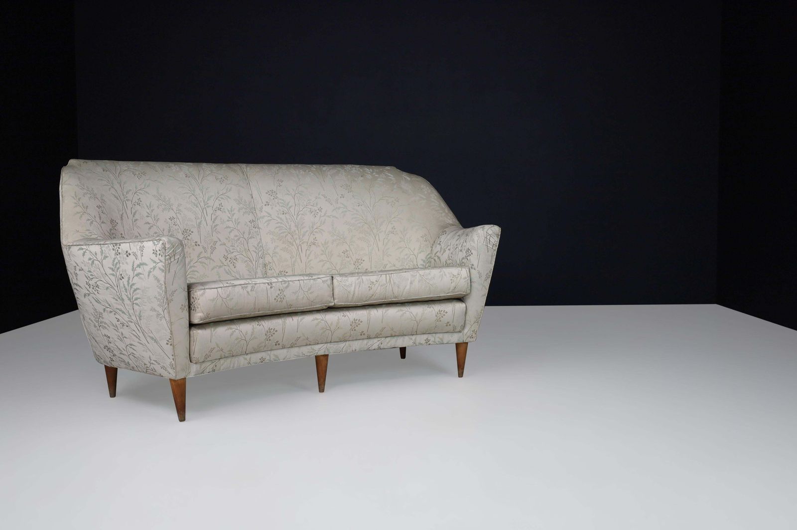 Mid Century Sofa In Leaf Motif Fabric And Tapered Wooden Legs, Italy, 1950s photo for sale