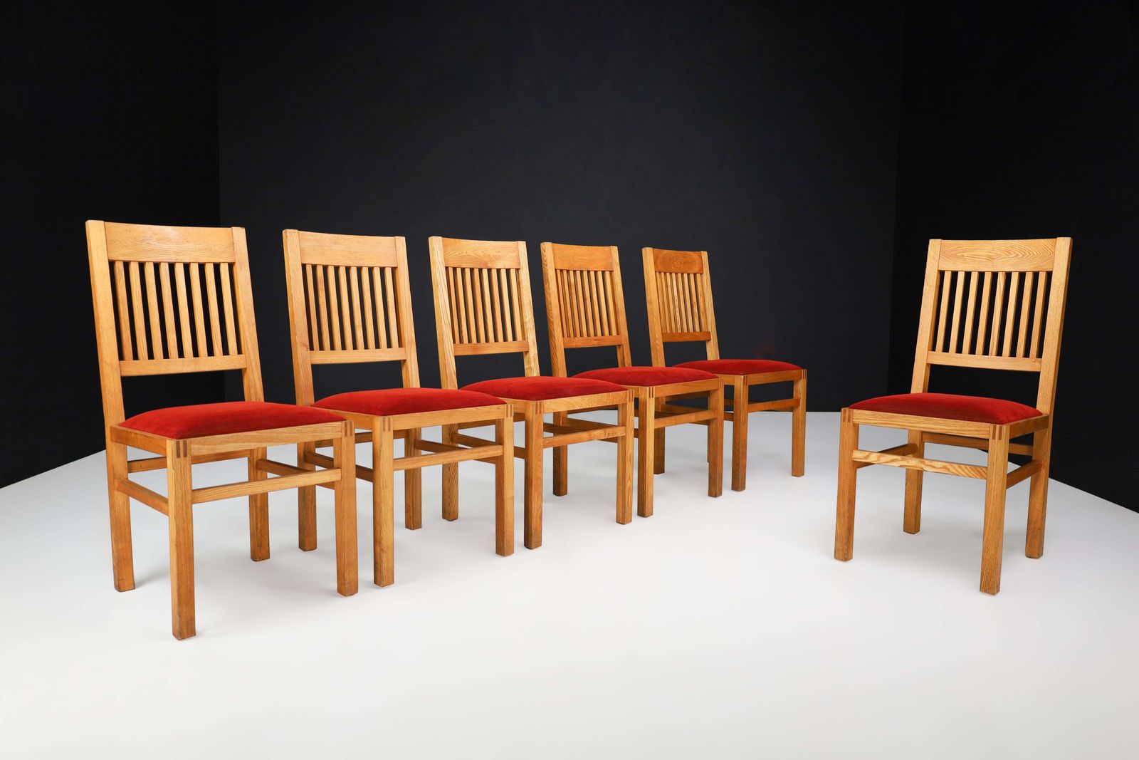 Blonde Oak And Crimson Red Velvet Dining Room Chairs The Netherlands 1970s Set/6 photo furniture