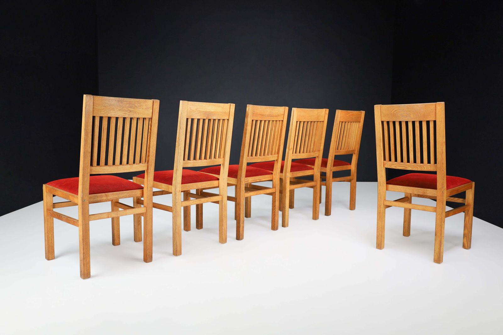 Blonde Oak And Crimson Red Velvet Dining Room Chairs The Netherlands 1970s Set/6 photo Furniture