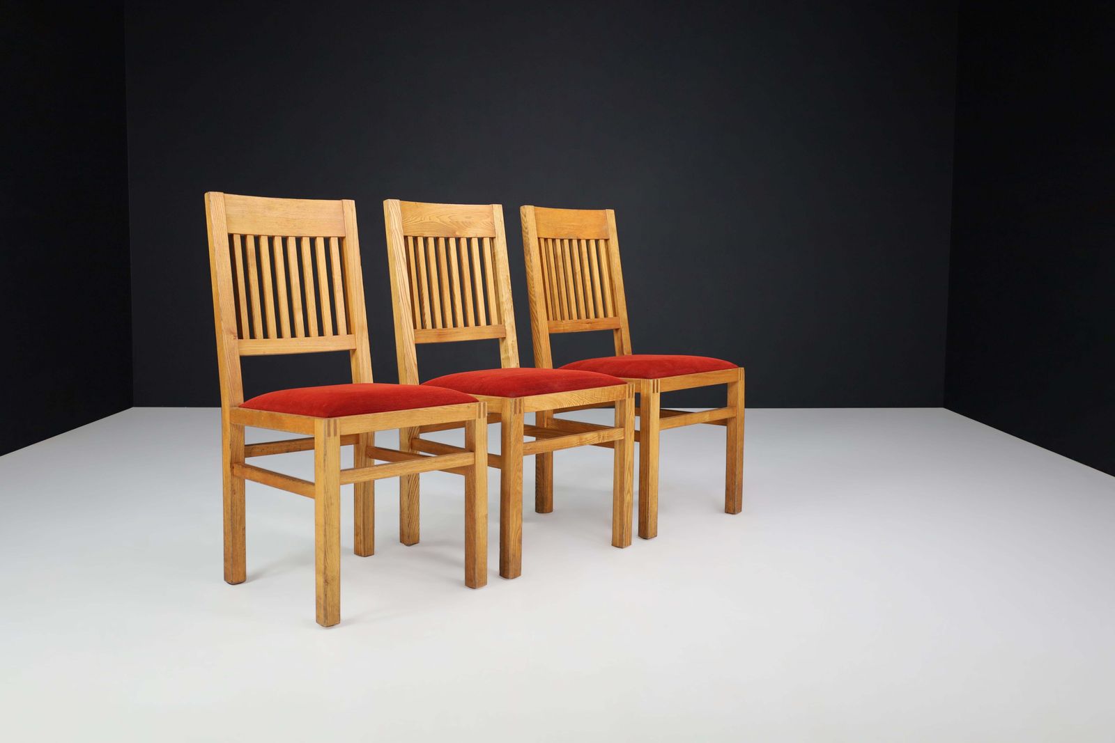 Blonde Oak And Crimson Red Velvet Dining Room Chairs The Netherlands 1970s Set/6 photo 3068.0