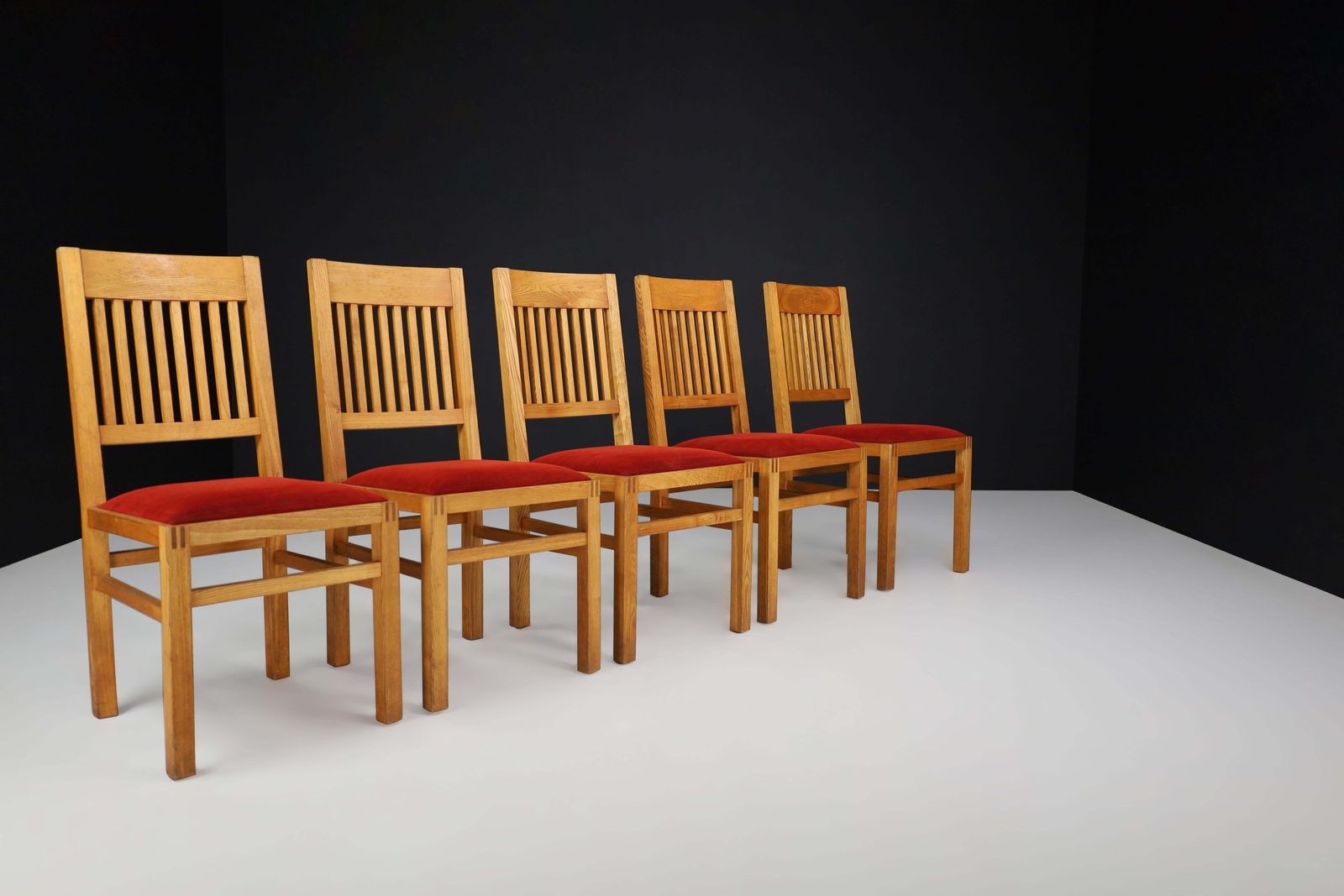 Blonde Oak And Crimson Red Velvet Dining Room Chairs The Netherlands 1970s Set/6 photo buy