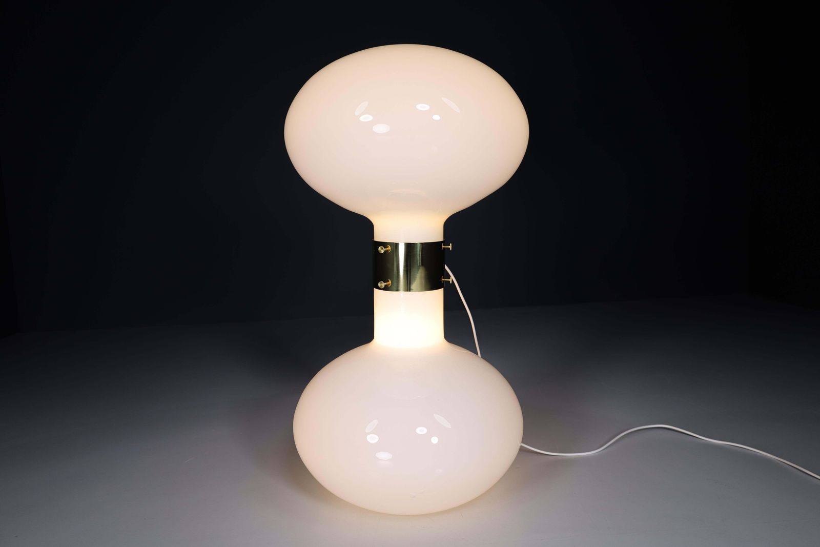 Pair Of Two Brass And Opaline Glass Floor Table Lamps, Italy 1970s photo for sale